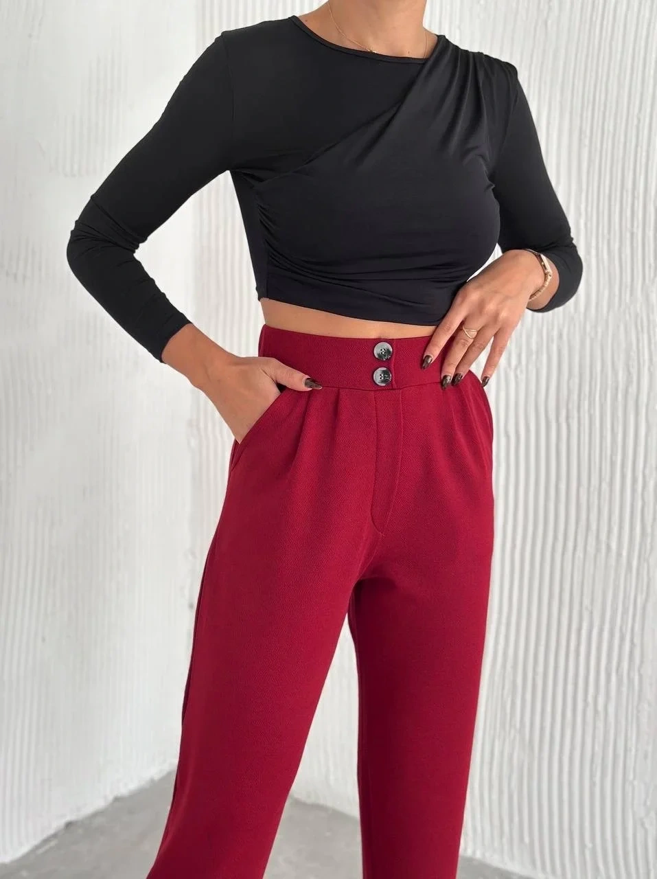 örme krep pantolon çift düğmeli