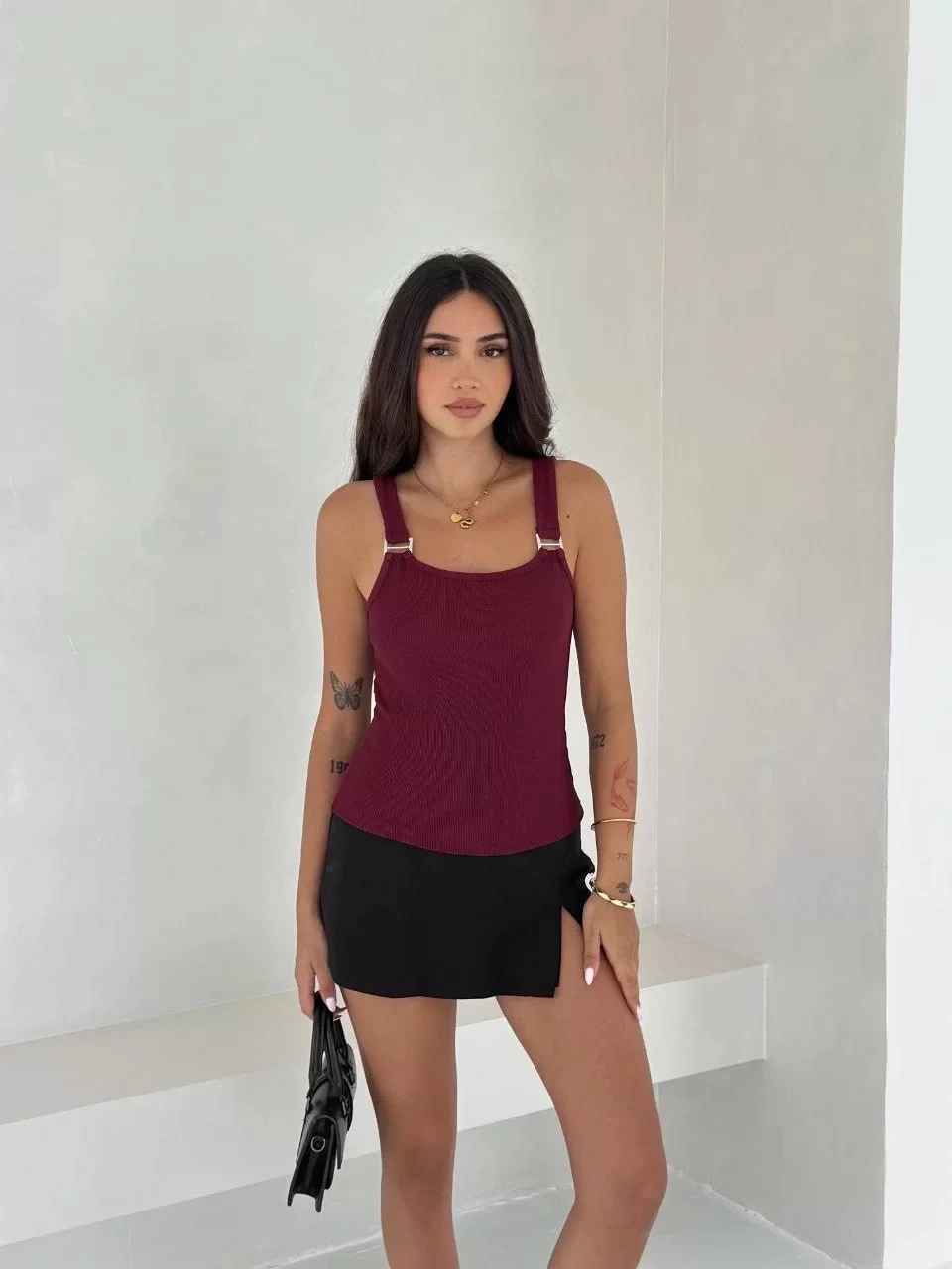 Ottoman toka askılı bluz bordo s4194