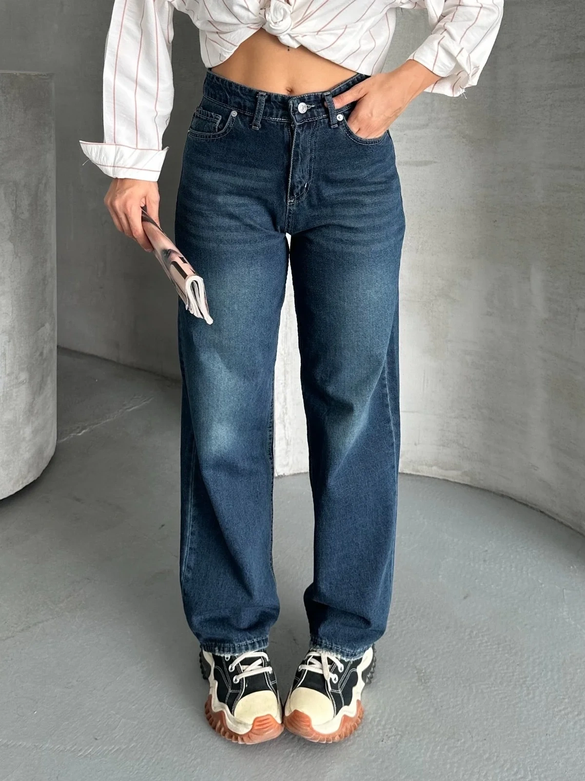 Palazzo bıyık enzim yıkama jeans pantolon koyu mavi