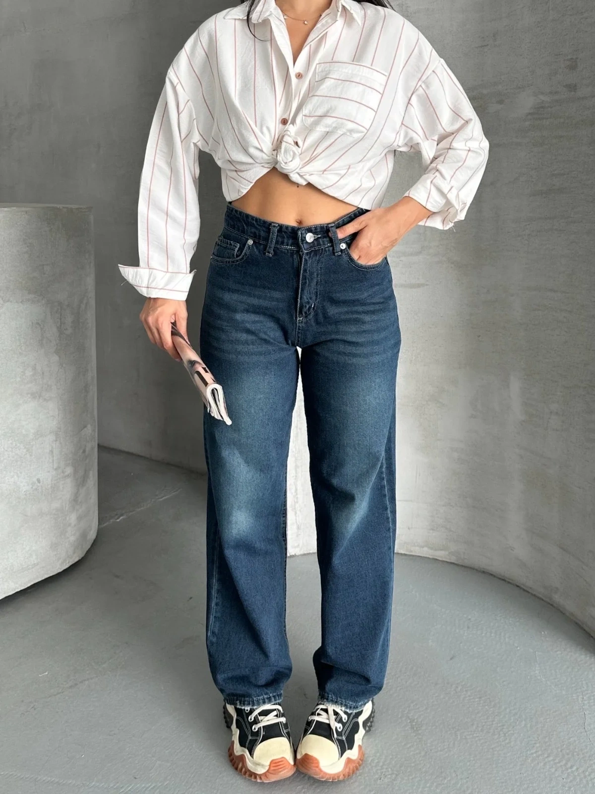 Palazzo bıyık enzim yıkama jeans pantolon koyu mavi d2008