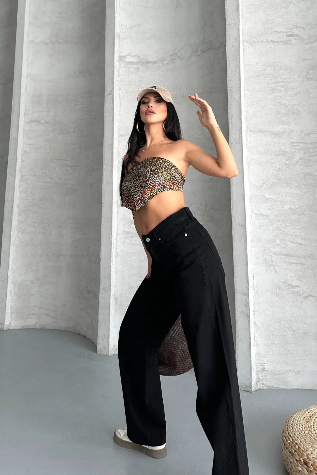 Palazzo straight enzim süper taş yıkama jeans pantolon siyah