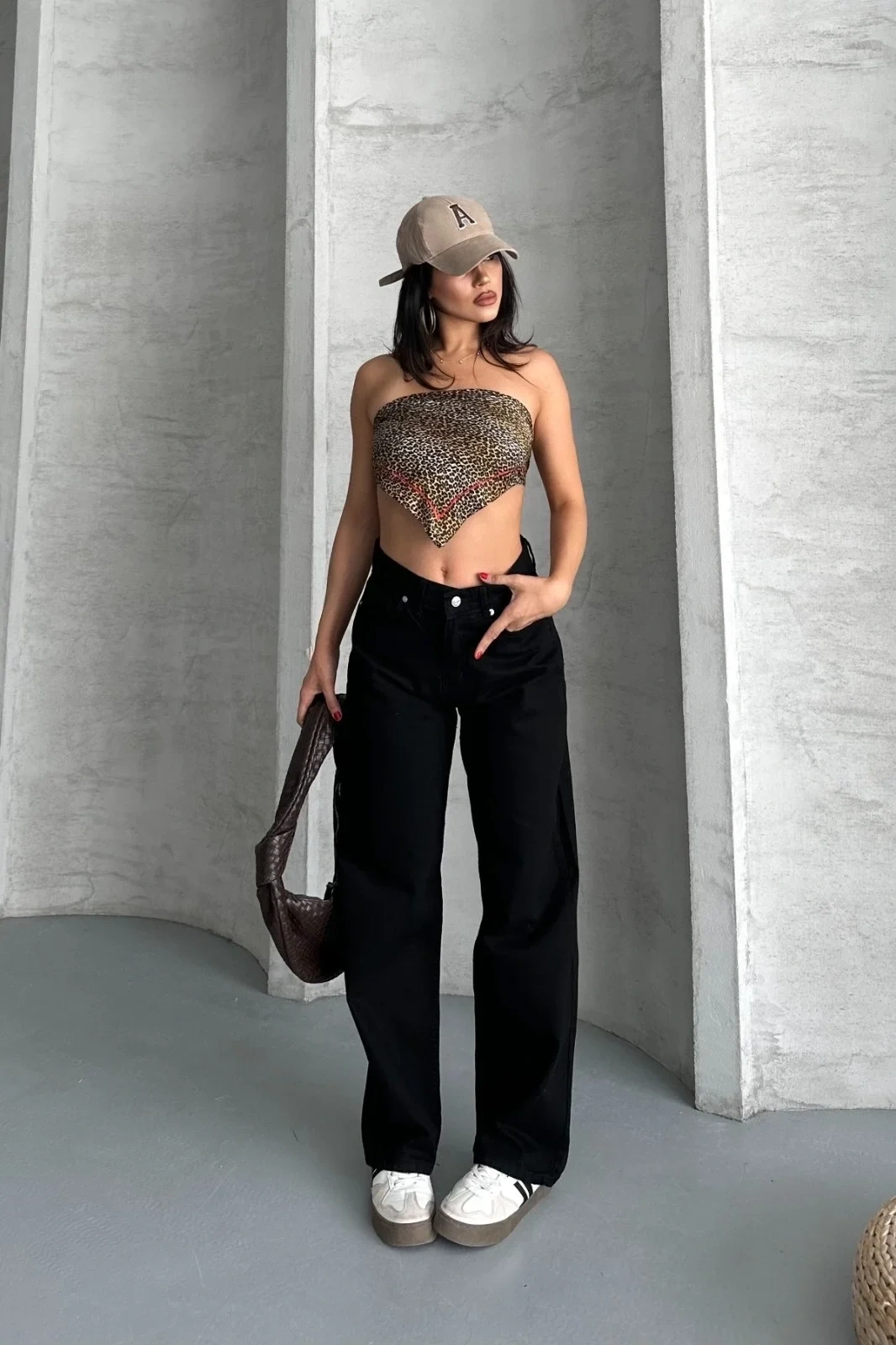 Palazzo straight enzim süper taş yıkama jeans pantolon siyah