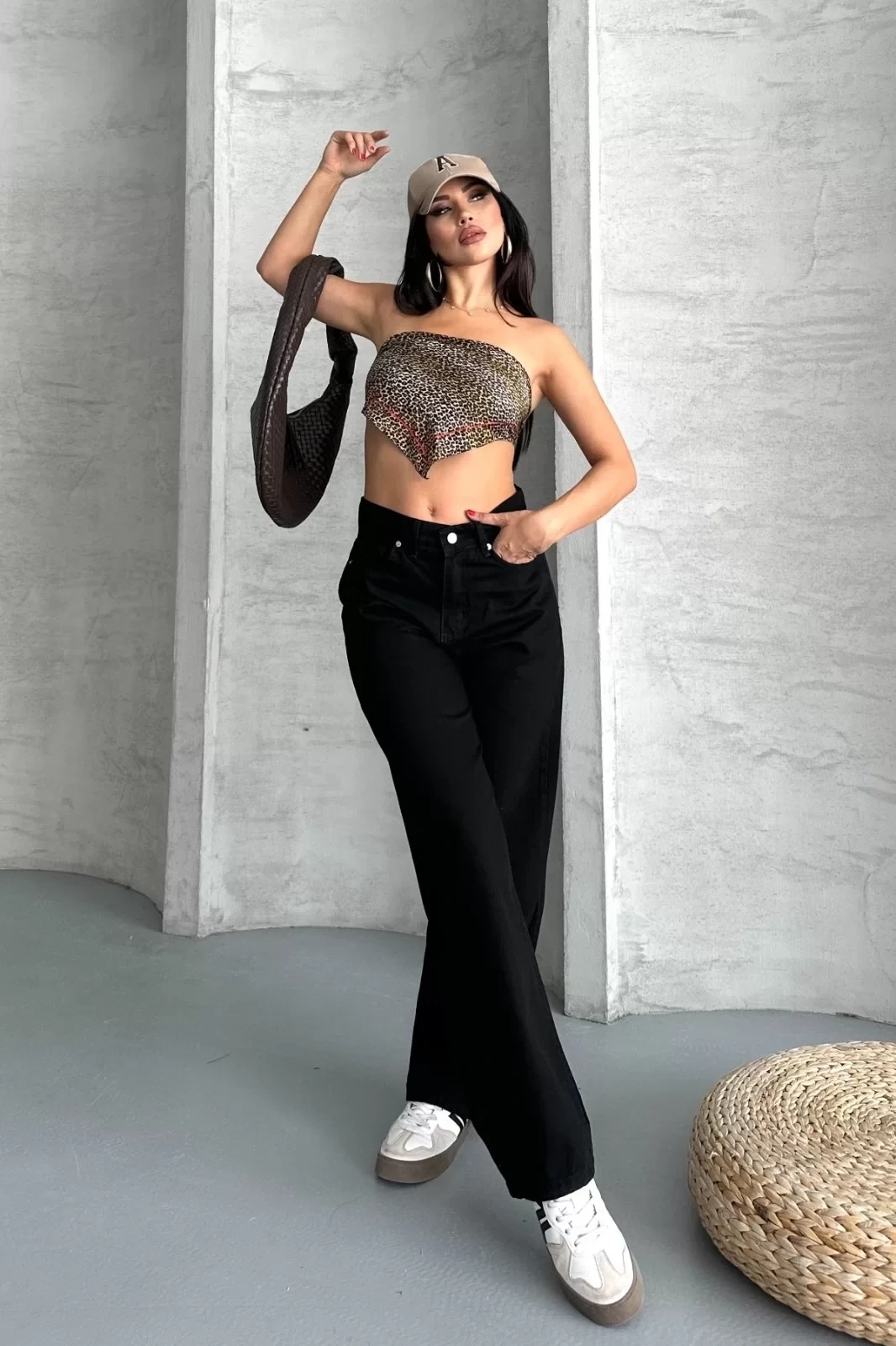 Palazzo straight enzim süper taş yıkama jeans pantolon siyah d2008