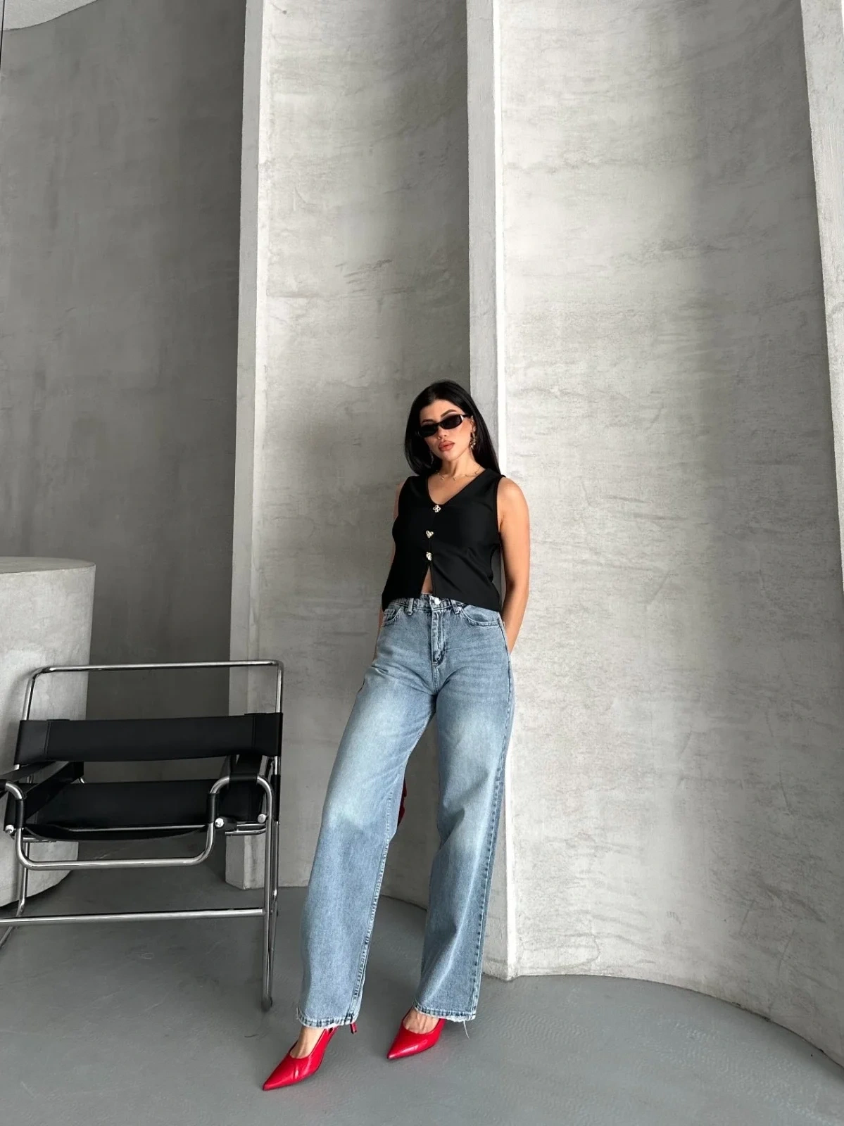 Palazzo straight kar yıkama jeans pantolon mavi