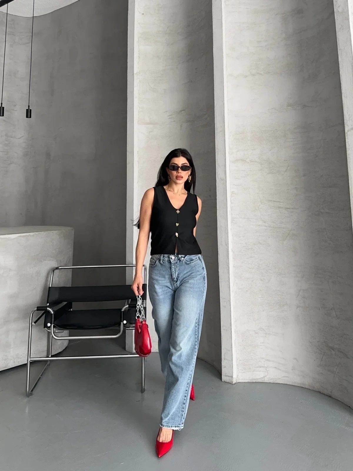 Palazzo straight kar yıkama jeans pantolon mavi