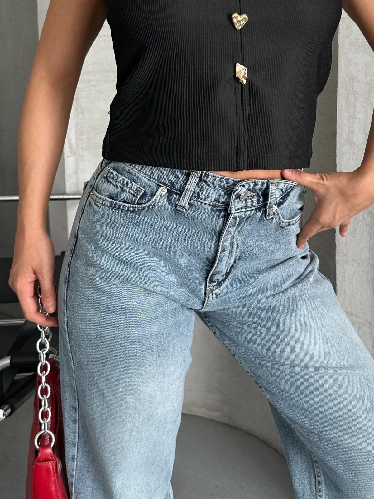 Palazzo straight kar yıkama jeans pantolon mavi