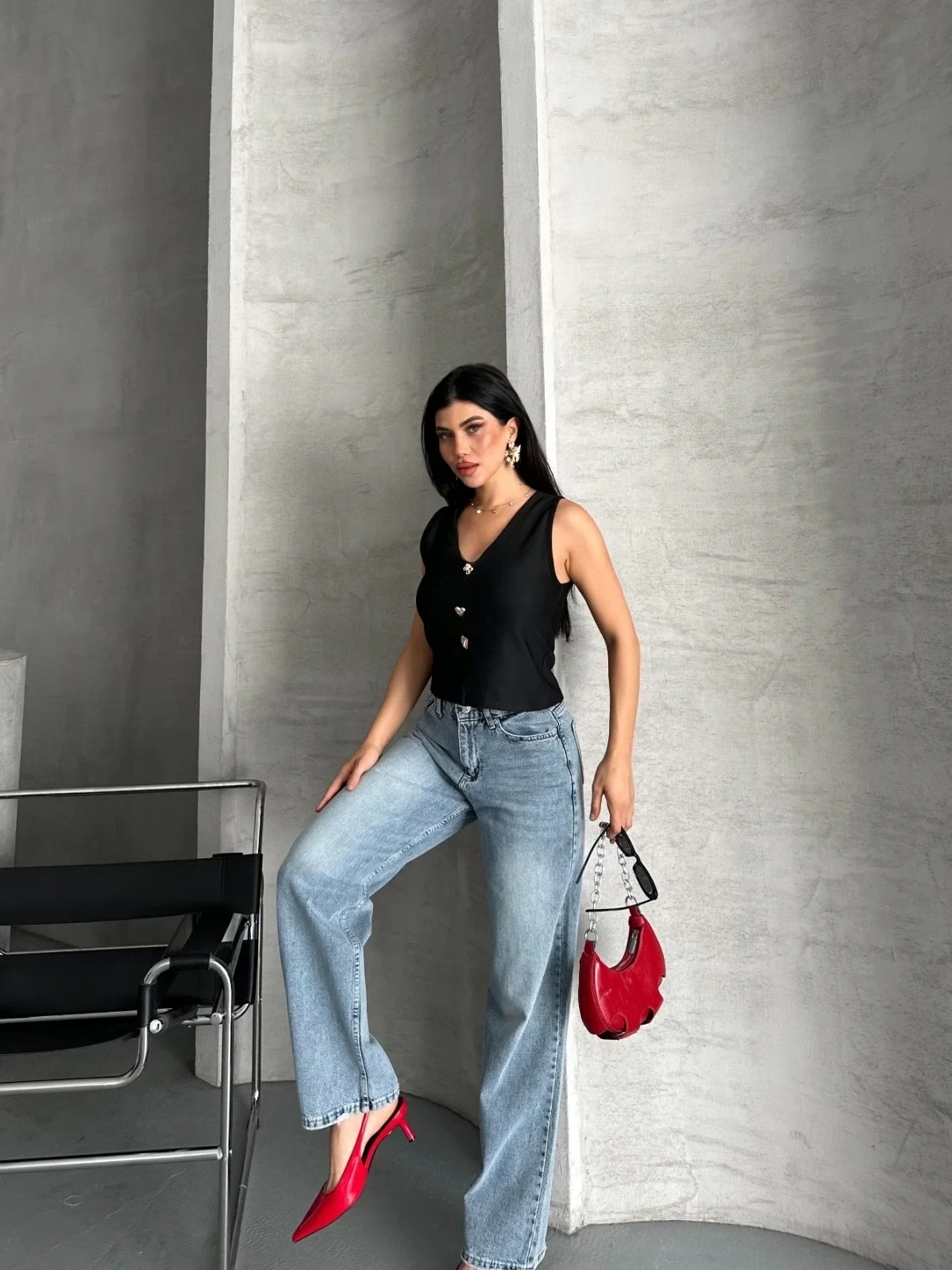 Palazzo straight kar yıkama jeans pantolon mavi