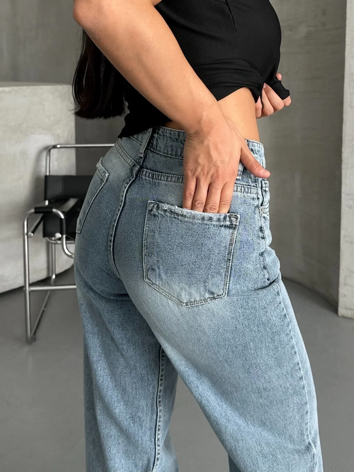 Palazzo straight kar yıkama jeans pantolon mavi