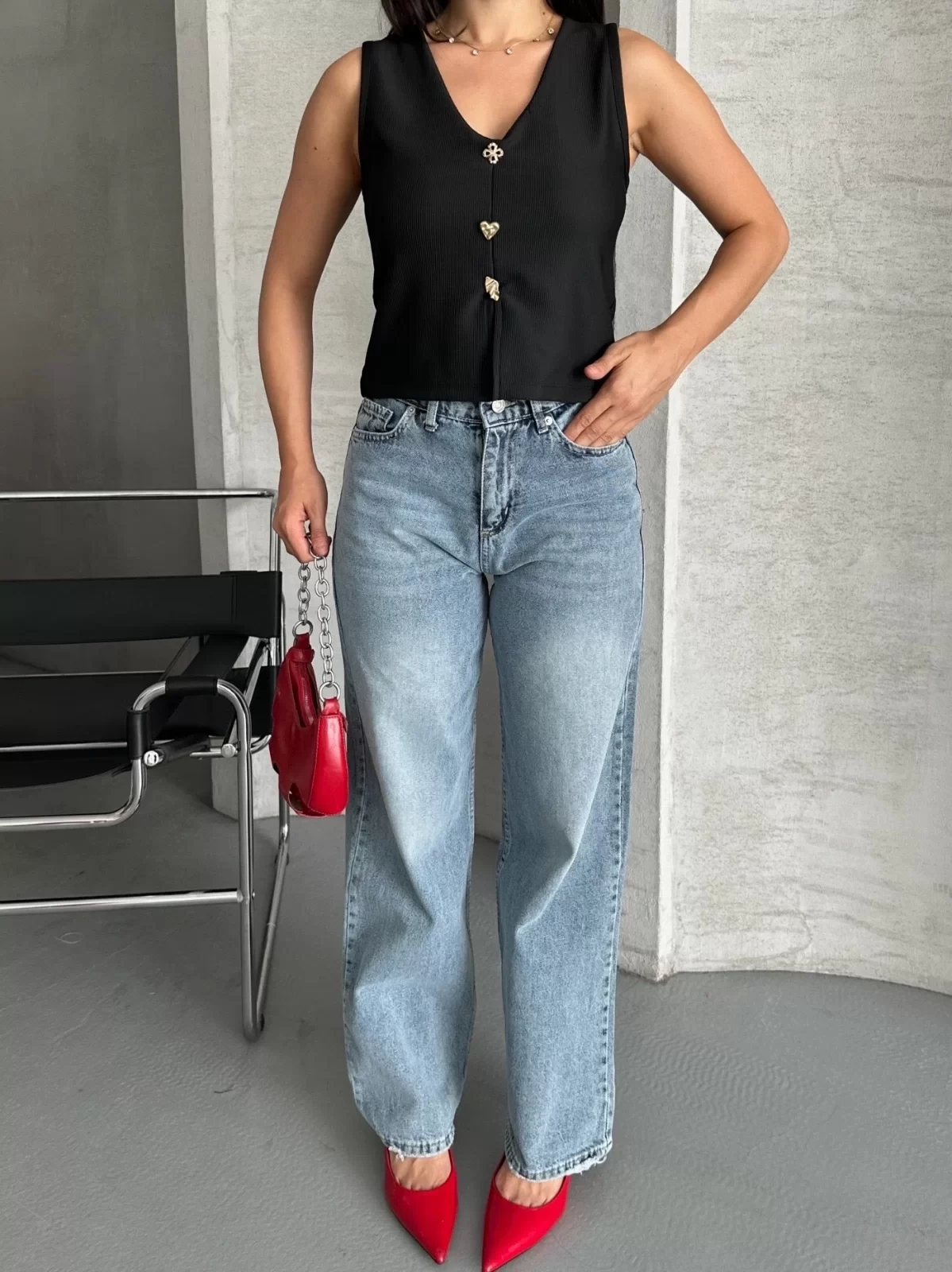 Palazzo straight kar yıkama jeans pantolon mavi d2008