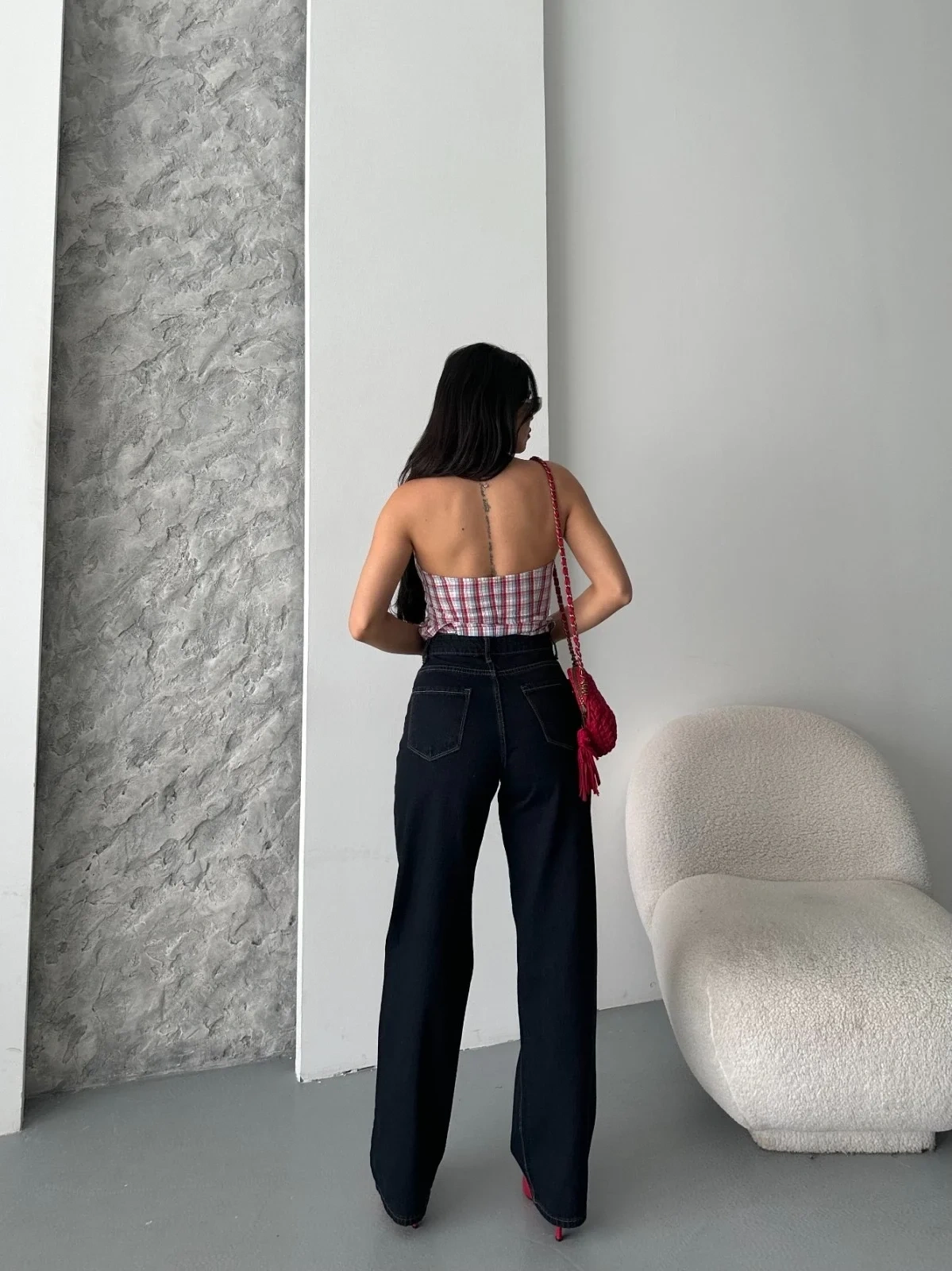 Palazzo süper taş enzim tint yıkama koyu lacivert jeans pantolon