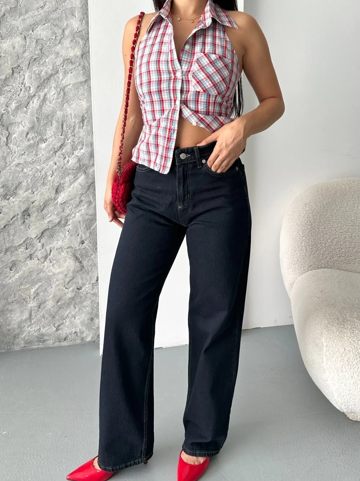 Palazzo süper taş enzim tint yıkama koyu lacivert jeans pantolon