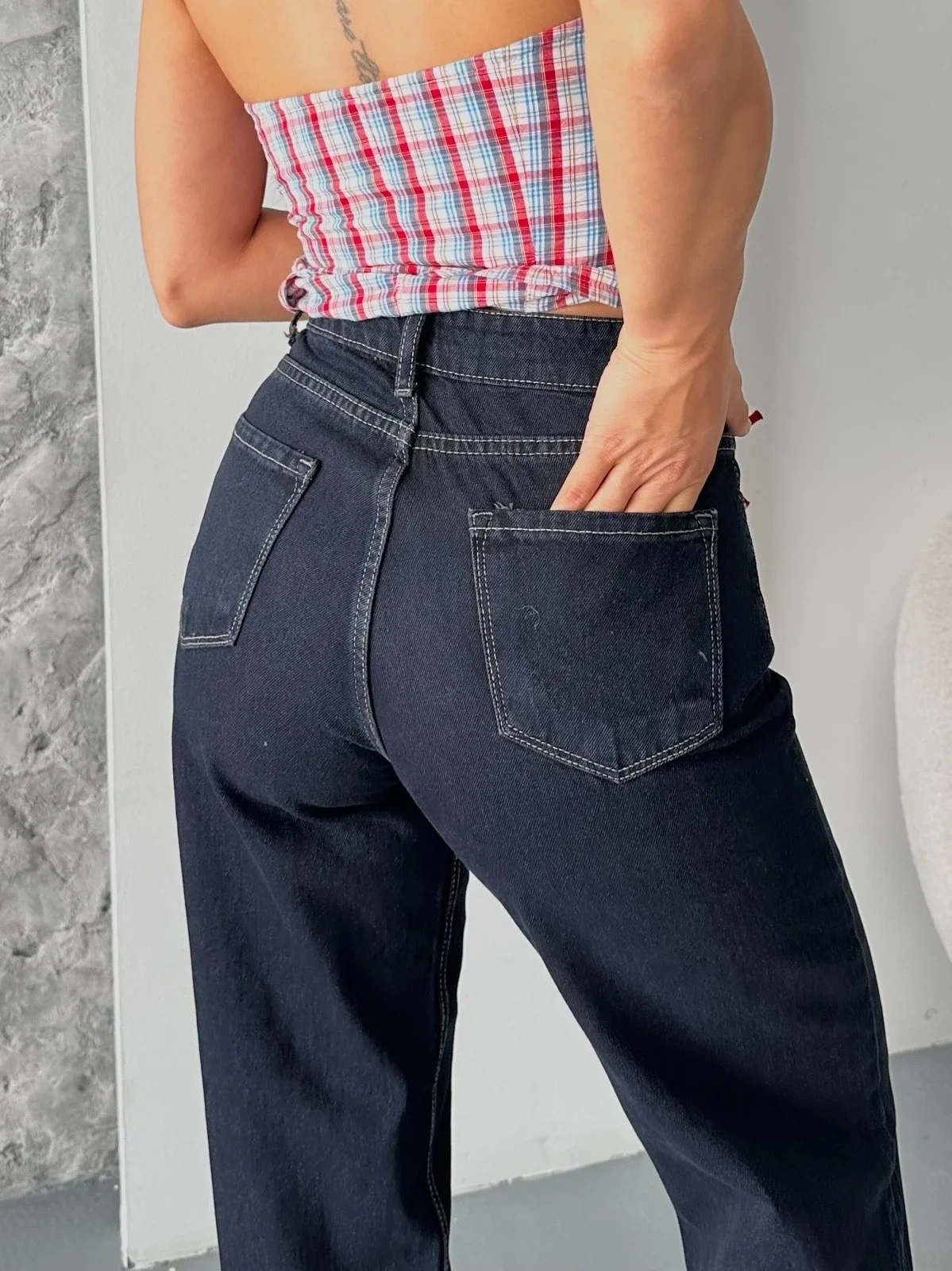 Palazzo süper taş enzim tint yıkama koyu lacivert jeans pantolon