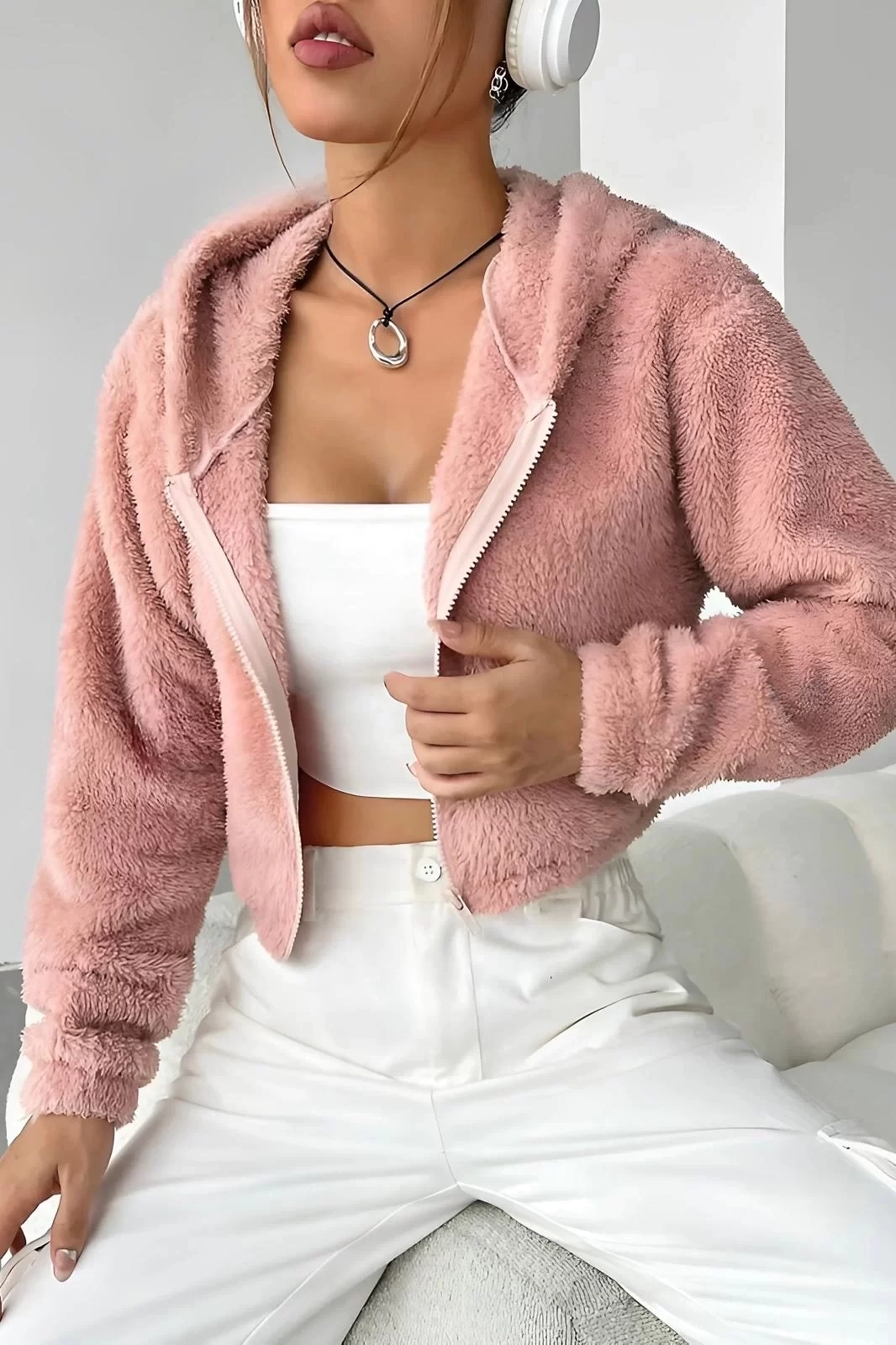 Peluş ceket kapşonlu pudra