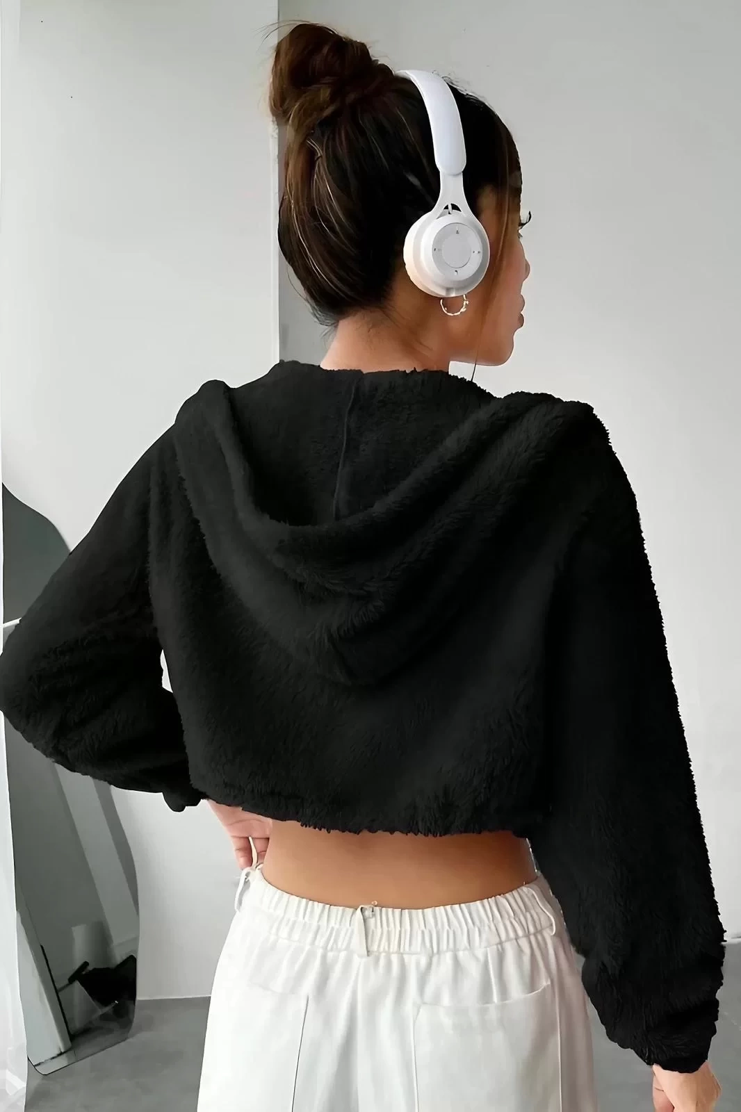 Peluş ceket kapşonlu siyah