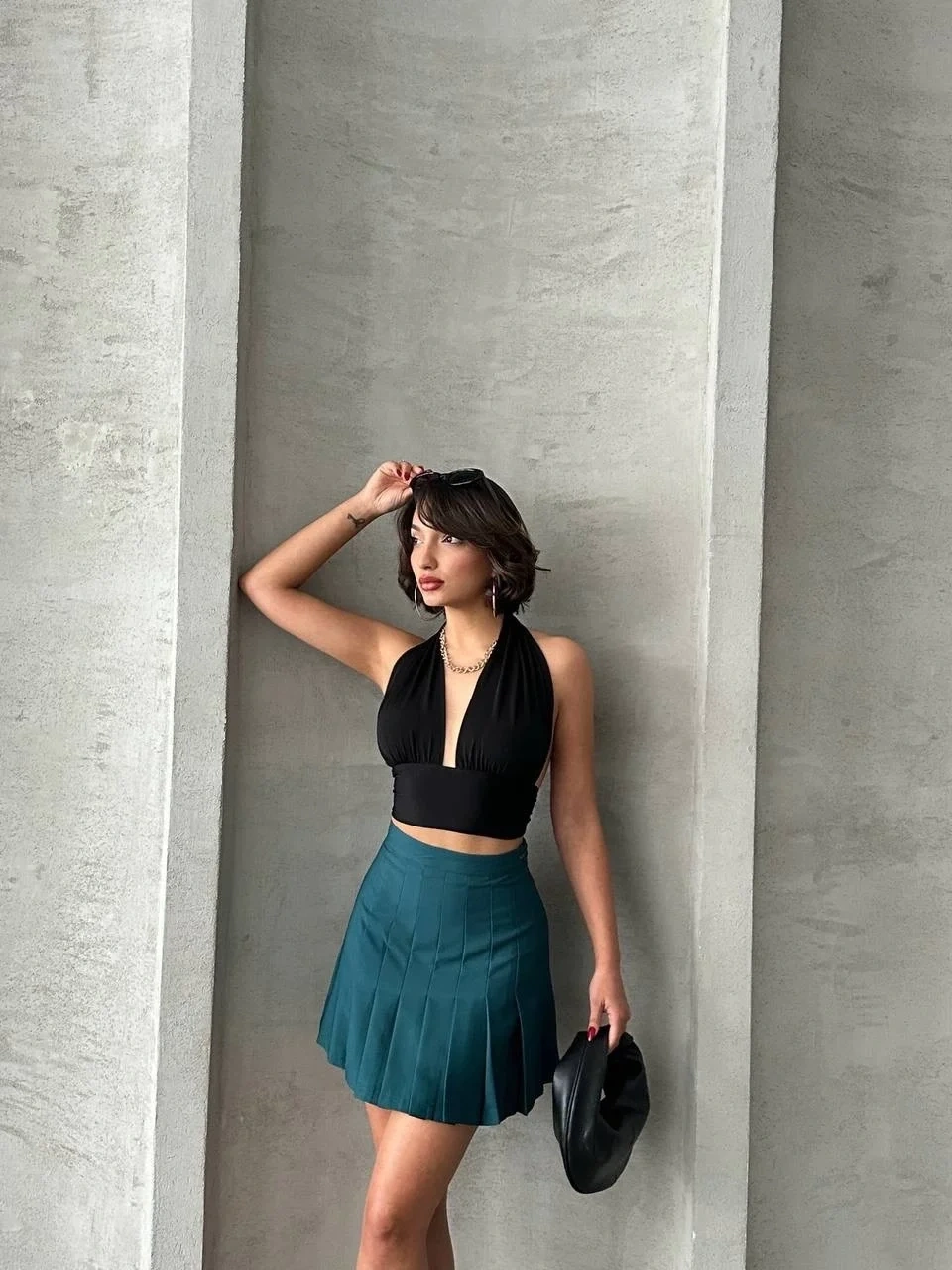 Pileli düğmeli etek yeşil s24811