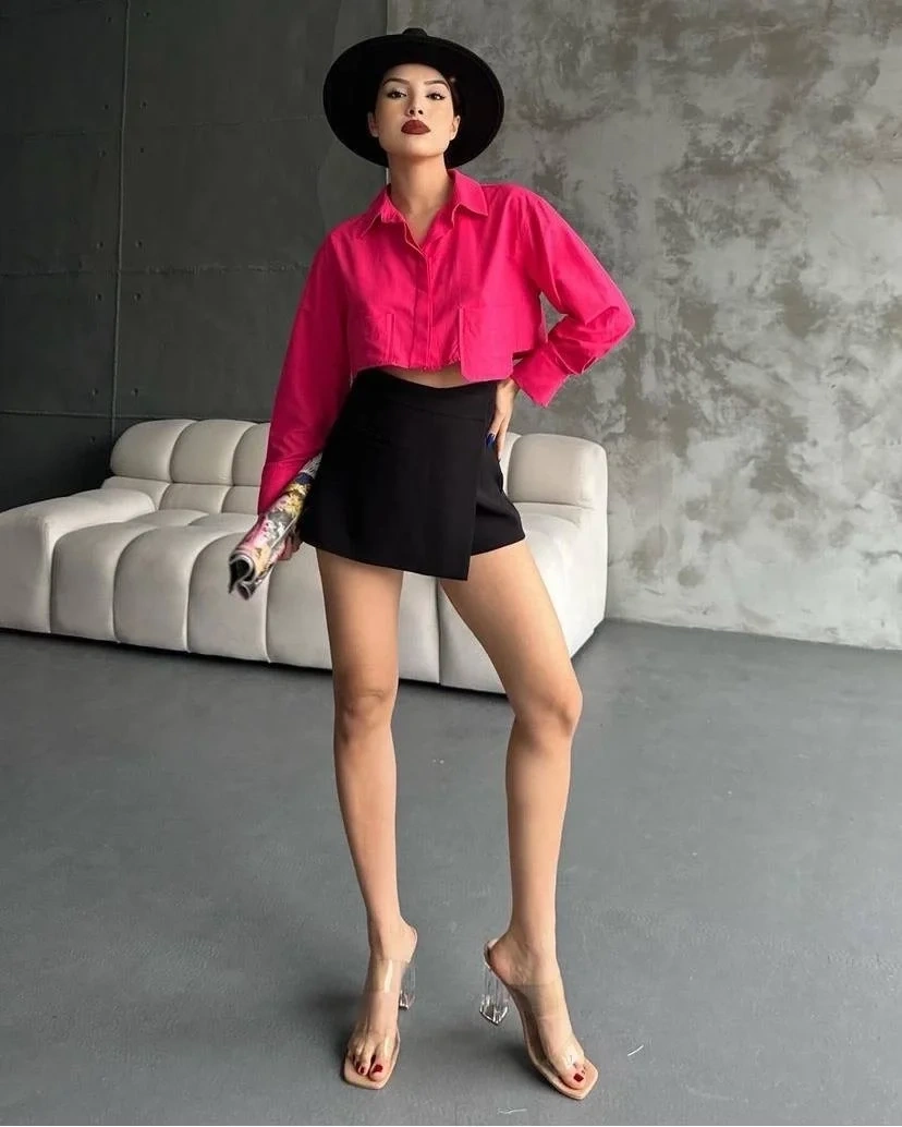 Poplin crop gömlek fuşya s3060