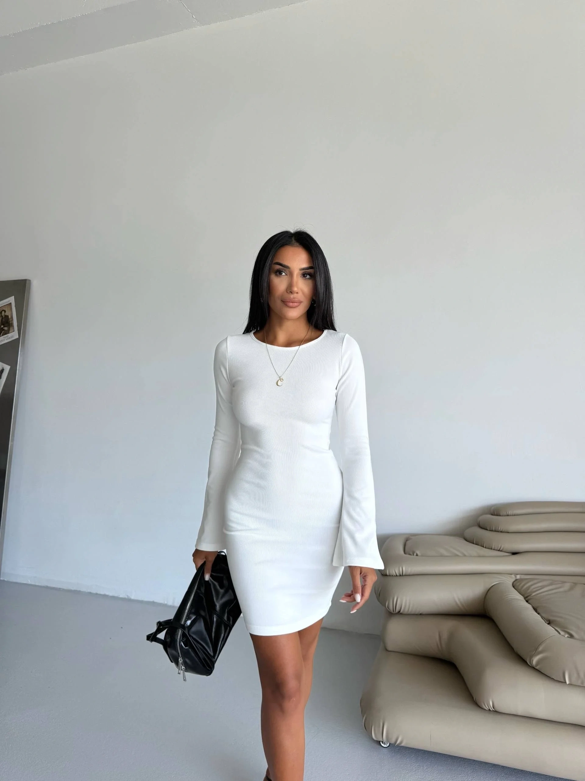 Prenses kol esnek kumaş elbise beyaz