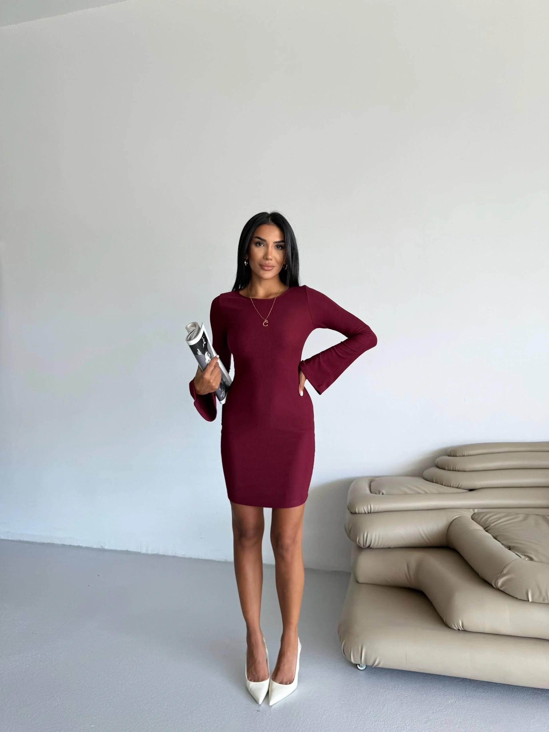 Prenses kol esnek kumaş elbise bordo