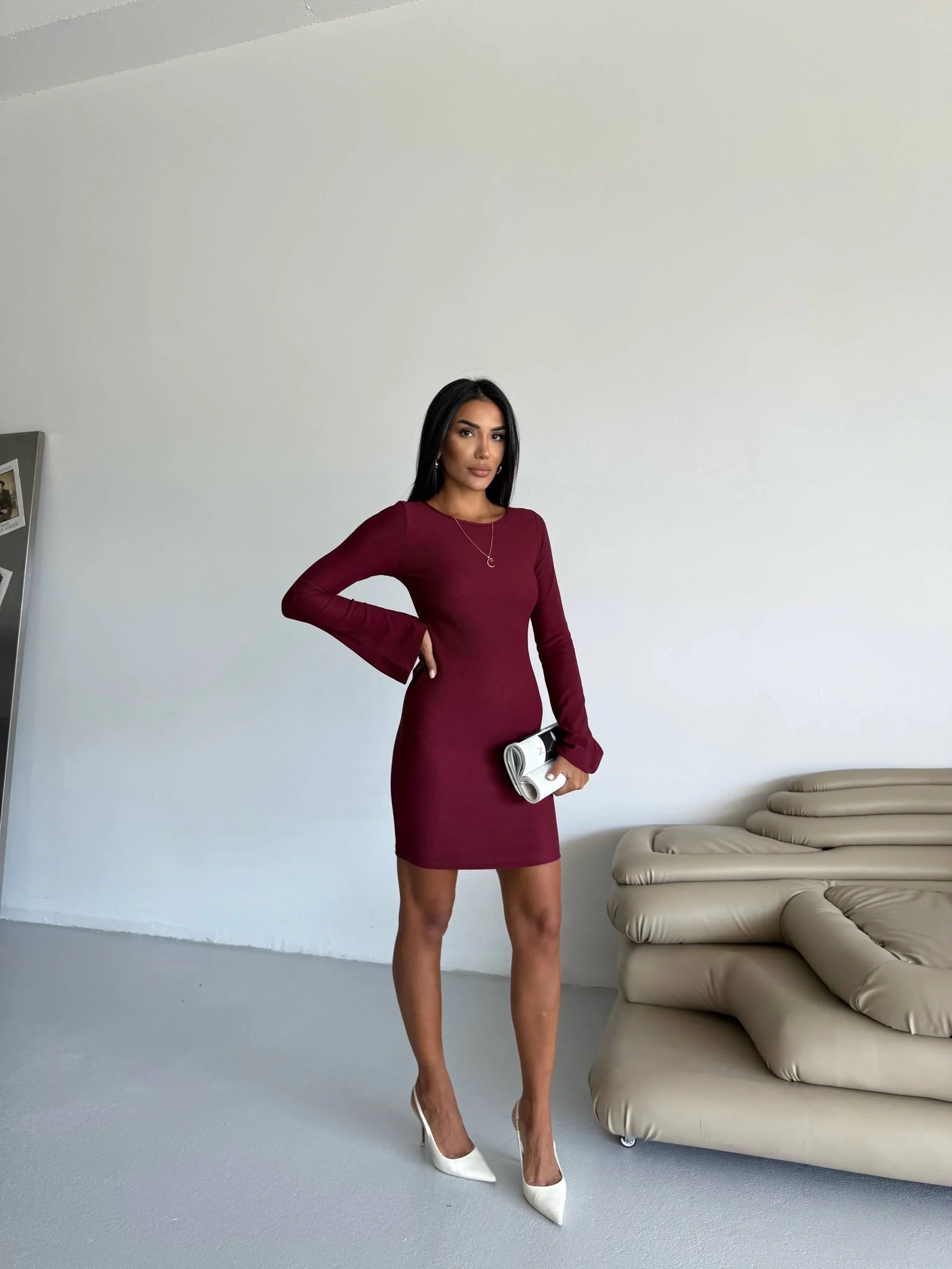 Prenses kol esnek kumaş elbise bordo