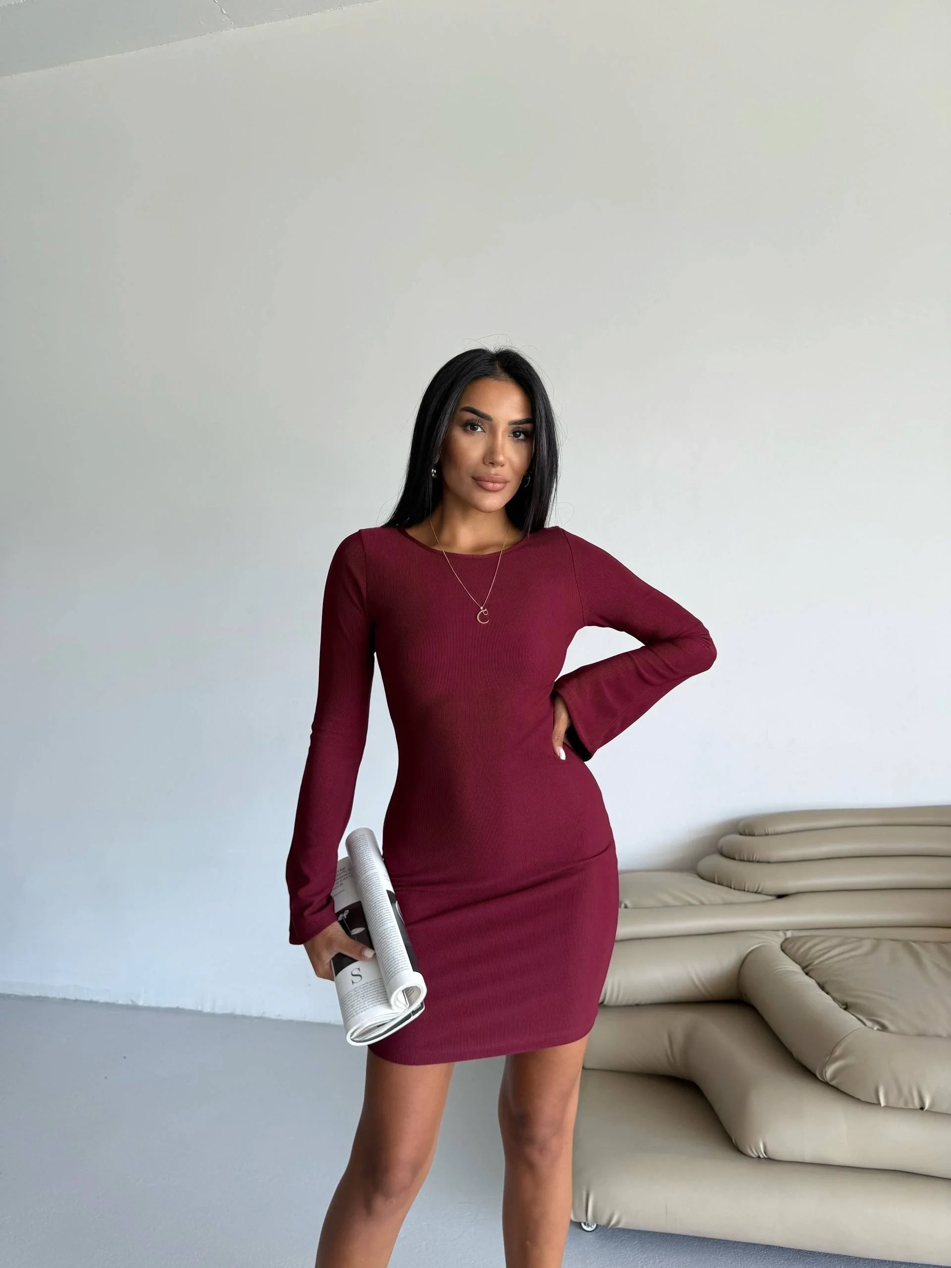 Prenses kol esnek kumaş elbise bordo