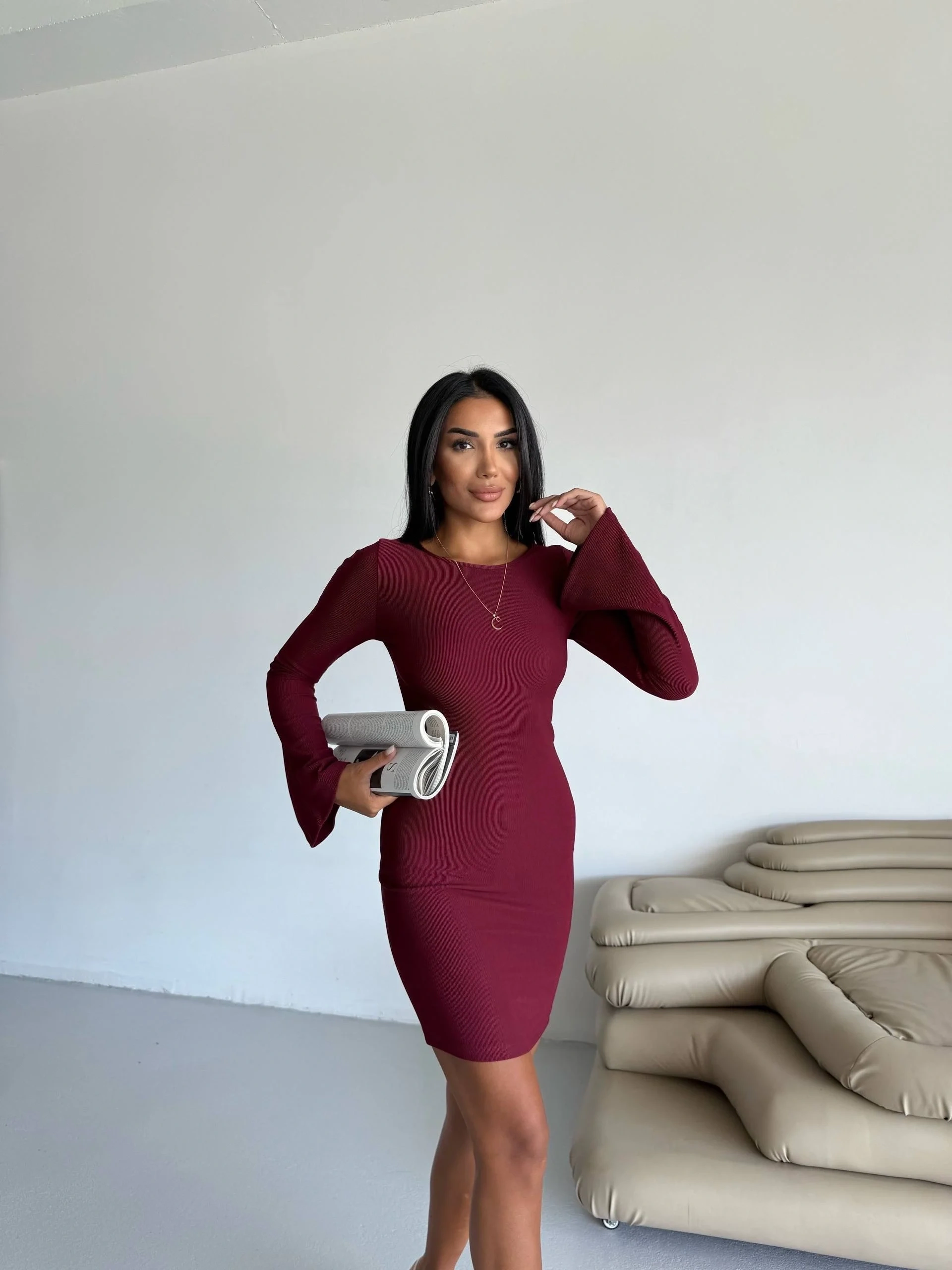 Prenses kol esnek kumaş elbise bordo