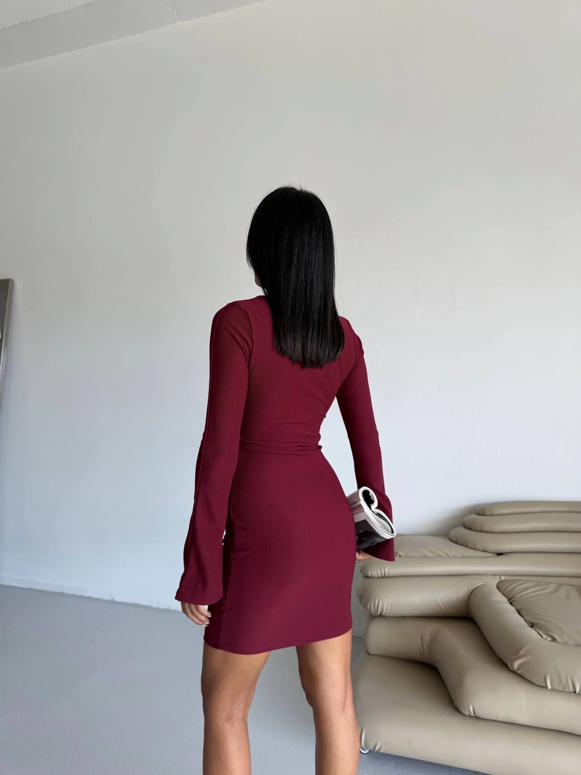 Prenses kol esnek kumaş elbise bordo f2334