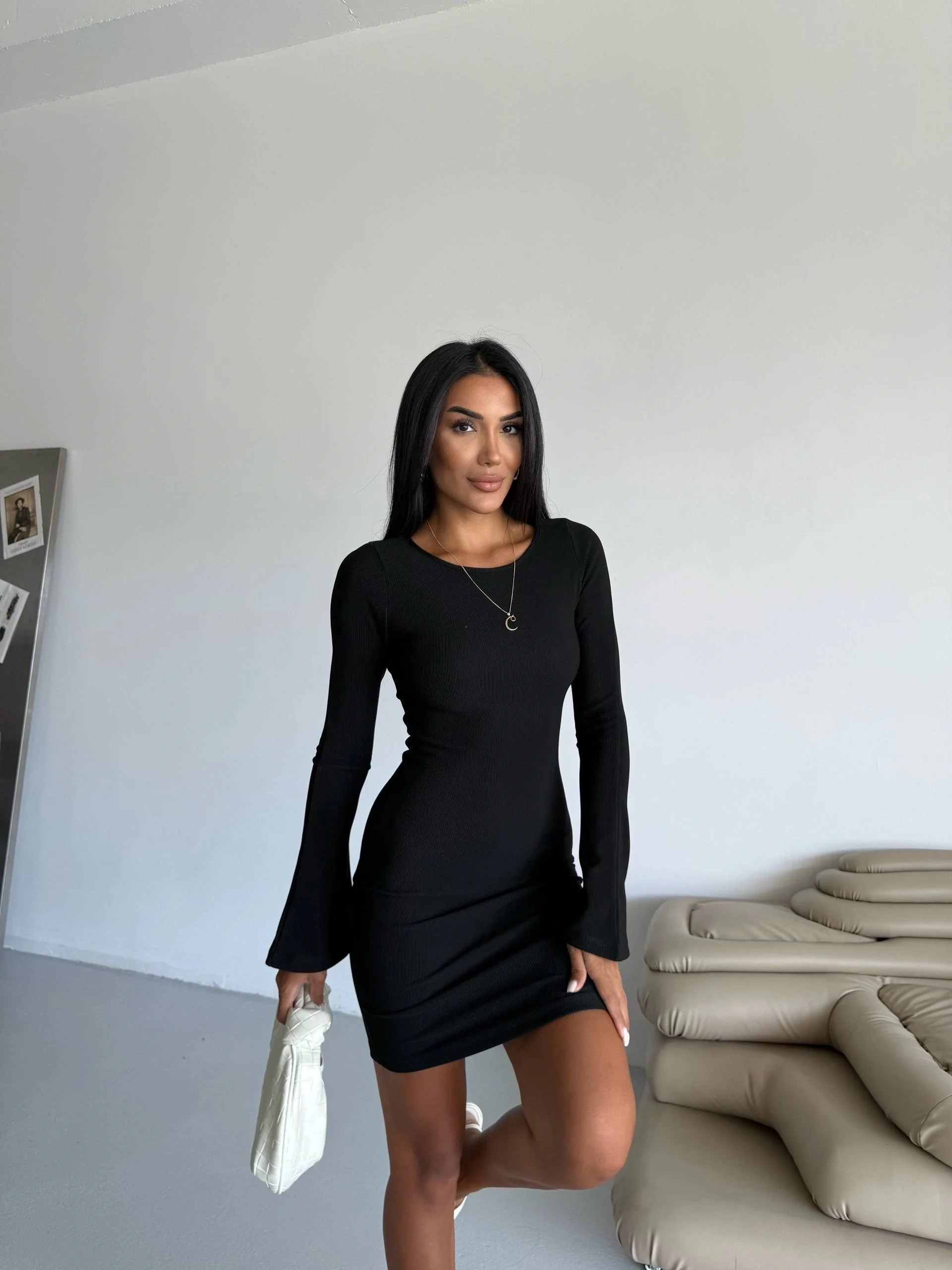 Prenses kol esnek kumaş elbise siyah