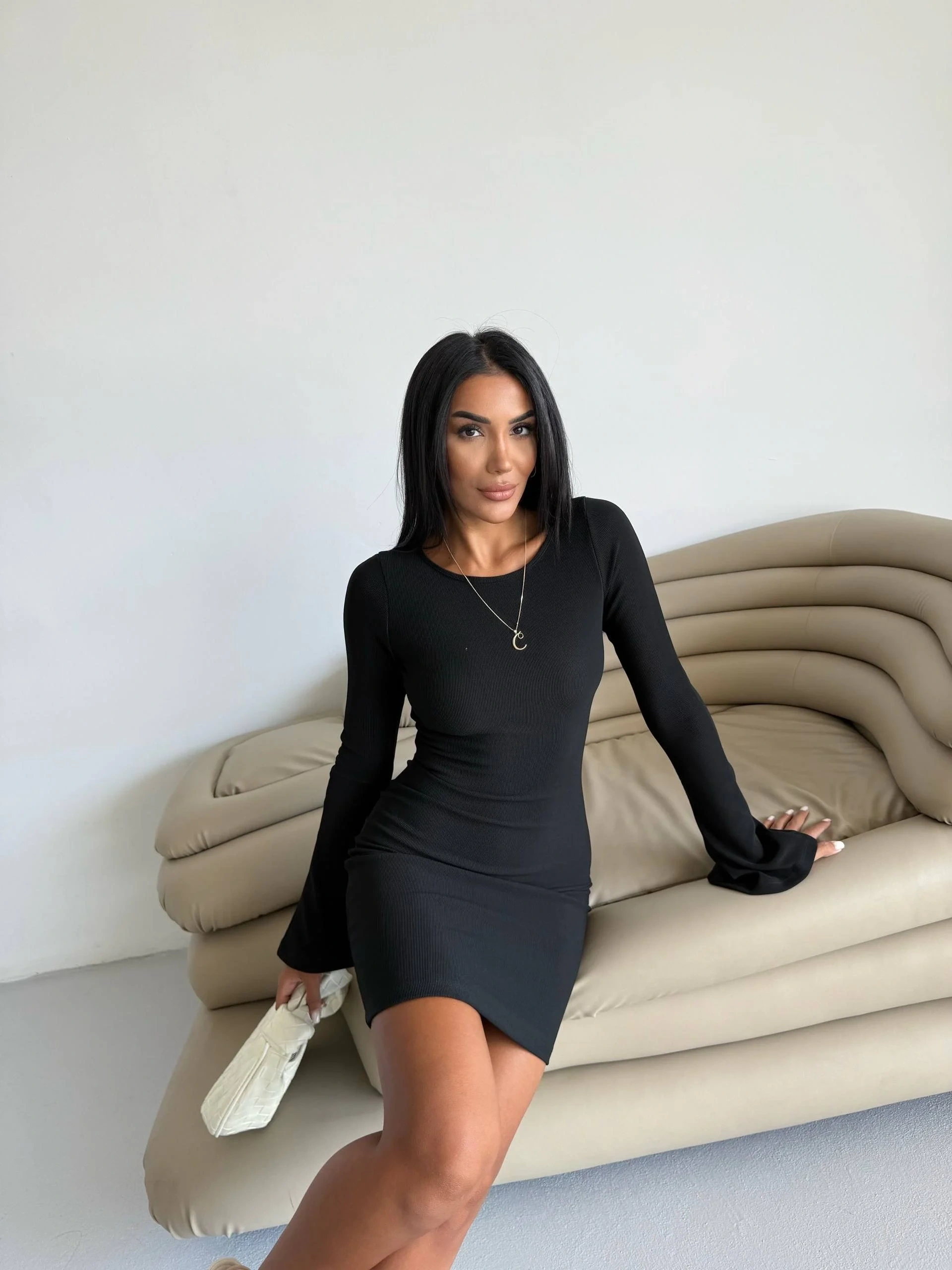 Prenses kol esnek kumaş elbise siyah