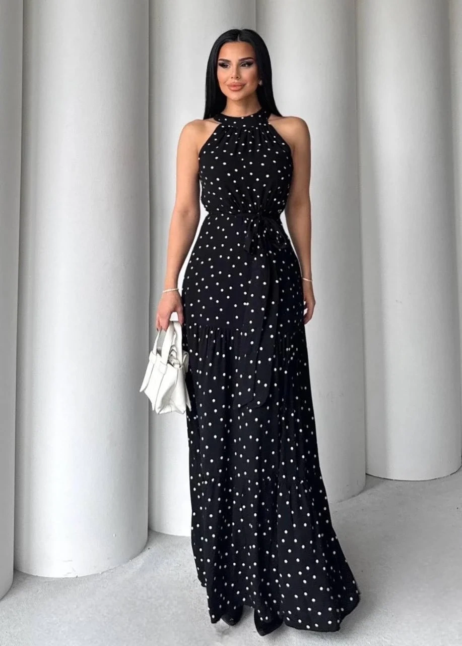 Puantiyeli yırtmaçlı elbise N4233