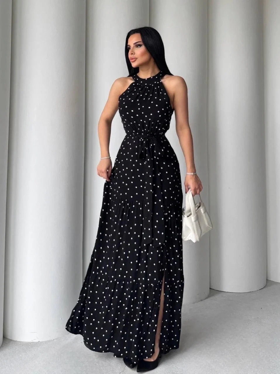 Puantiyeli yırtmaçlı elbise N4233