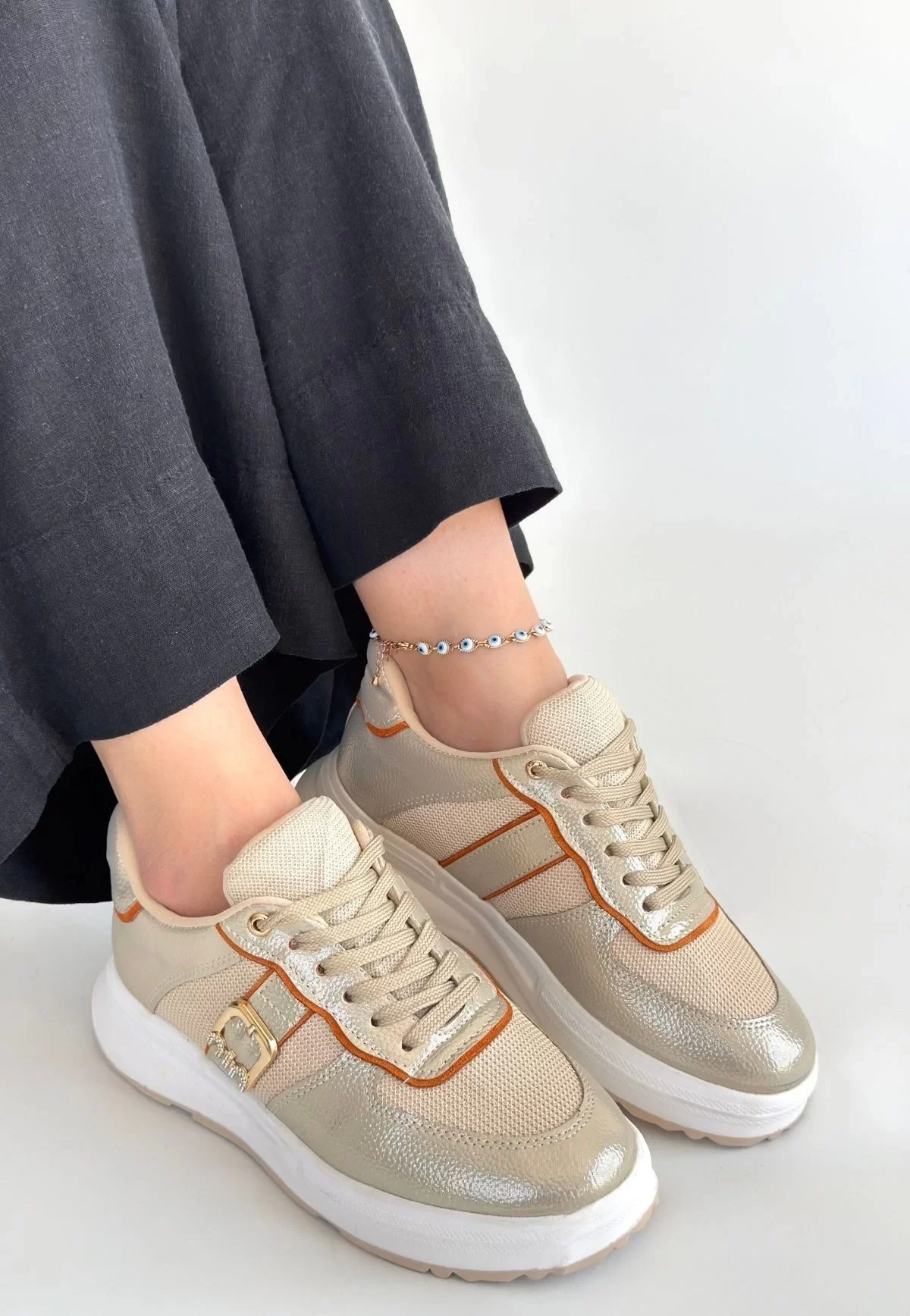 Tanwe Bej Cilt Bağcıklı Spor Ayakkabı