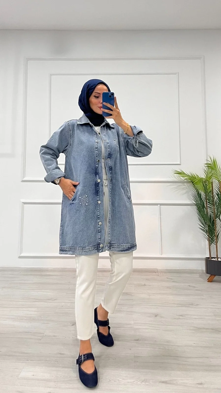 Taşlı tunik ceket kar yıkama orta mavi