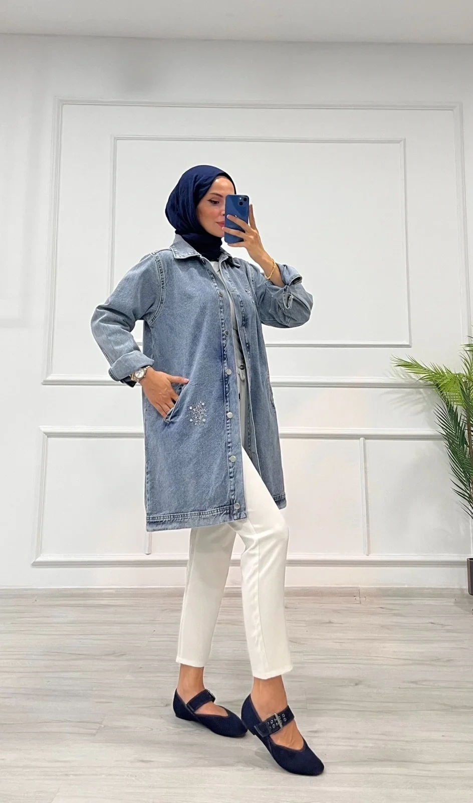 Taşlı tunik ceket kar yıkama orta mavi