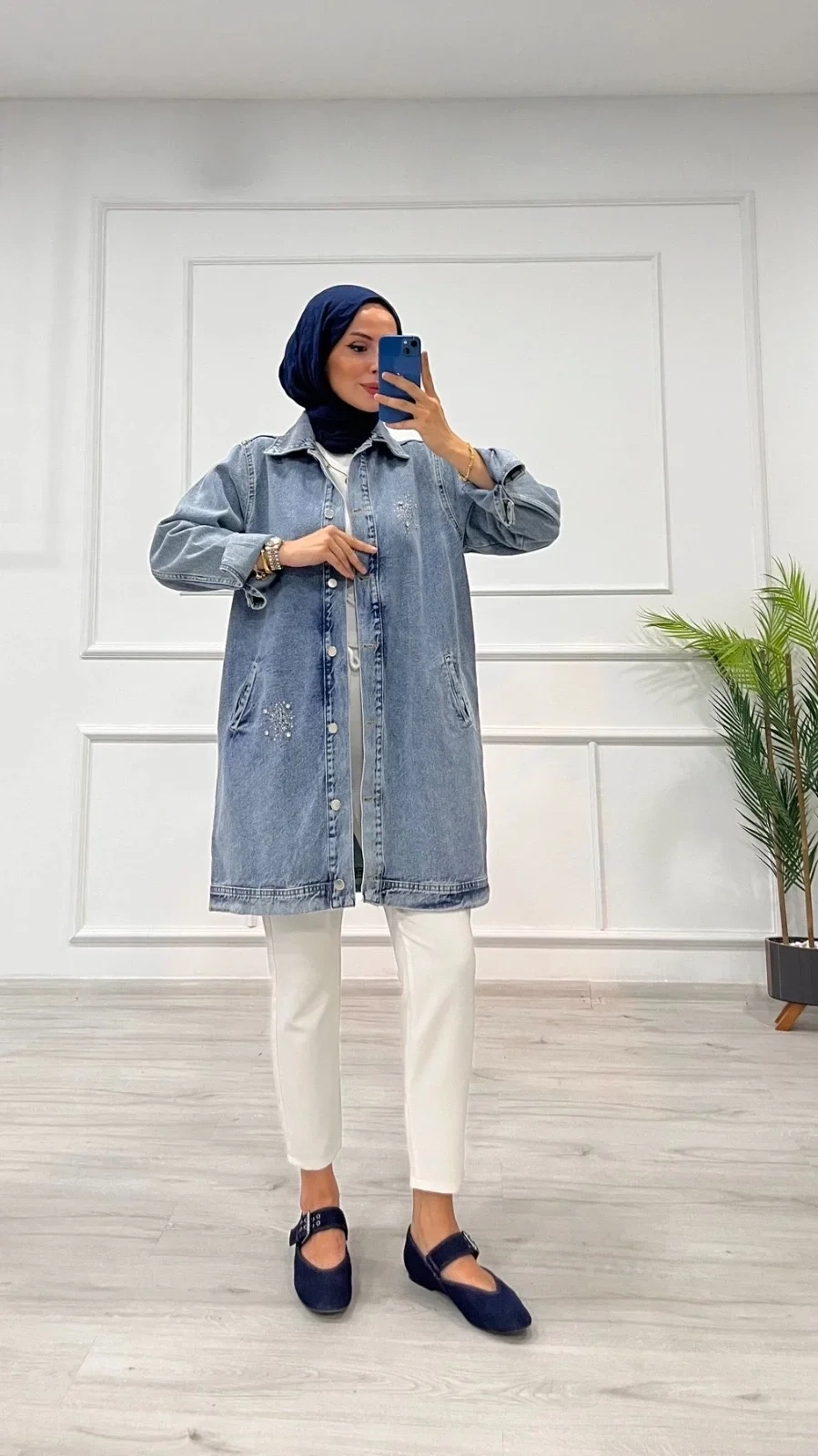 Taşlı tunik ceket kar yıkamalı mavi