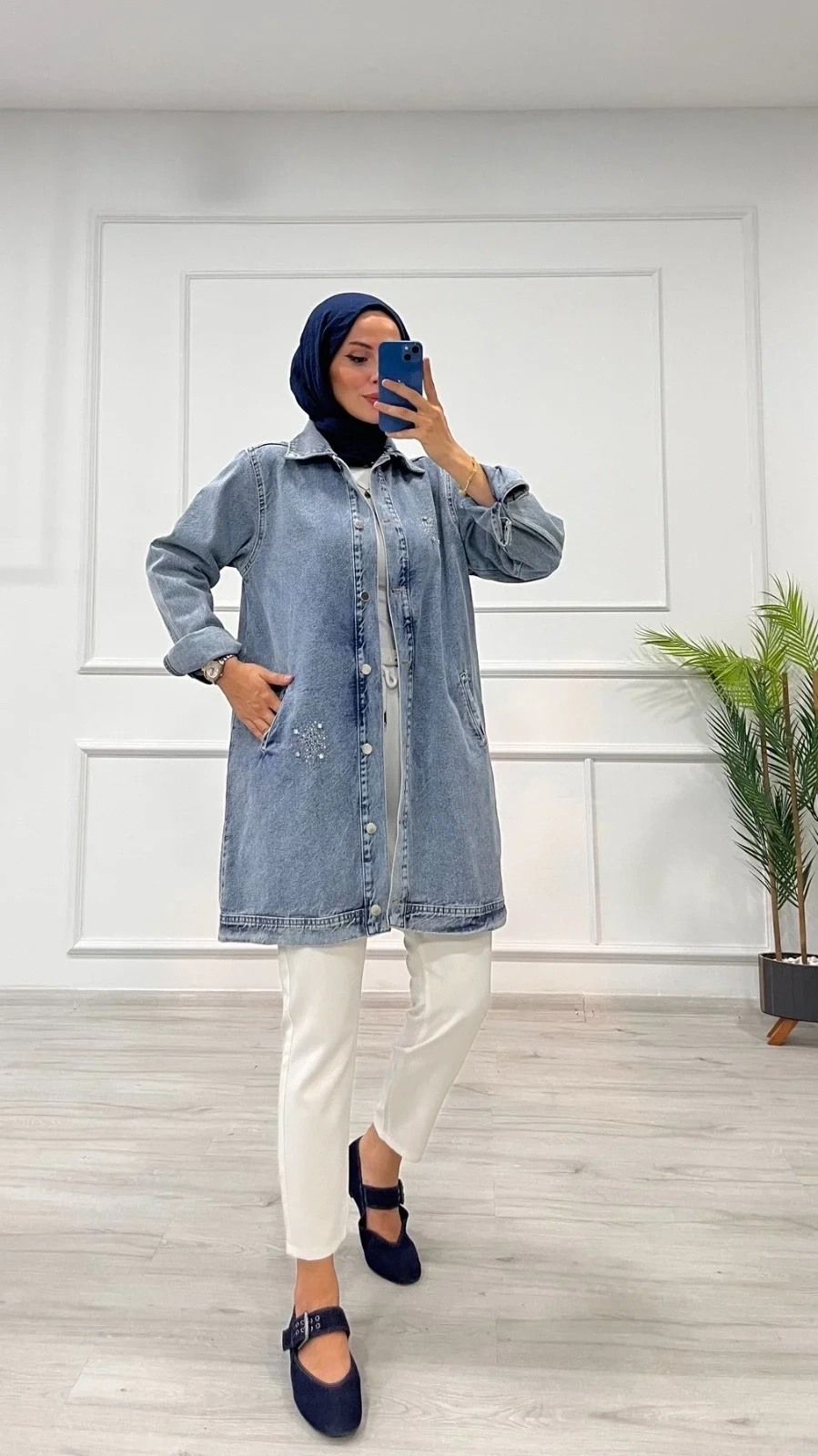 Taşlı tunik ceket kar yıkamalı mavi