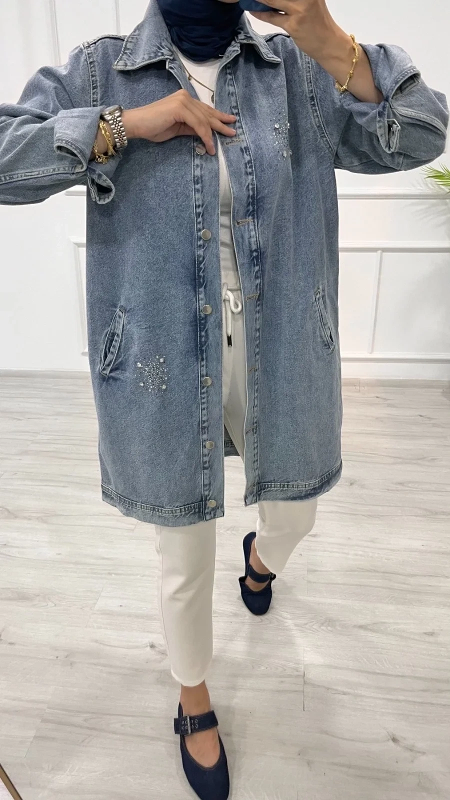 Taşlı tunik ceket kar yıkamalı mavi
