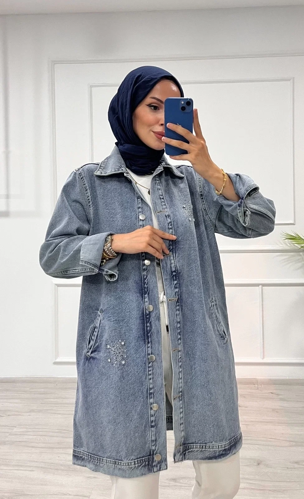 Taşlı tunik ceket kar yıkamalı mavi