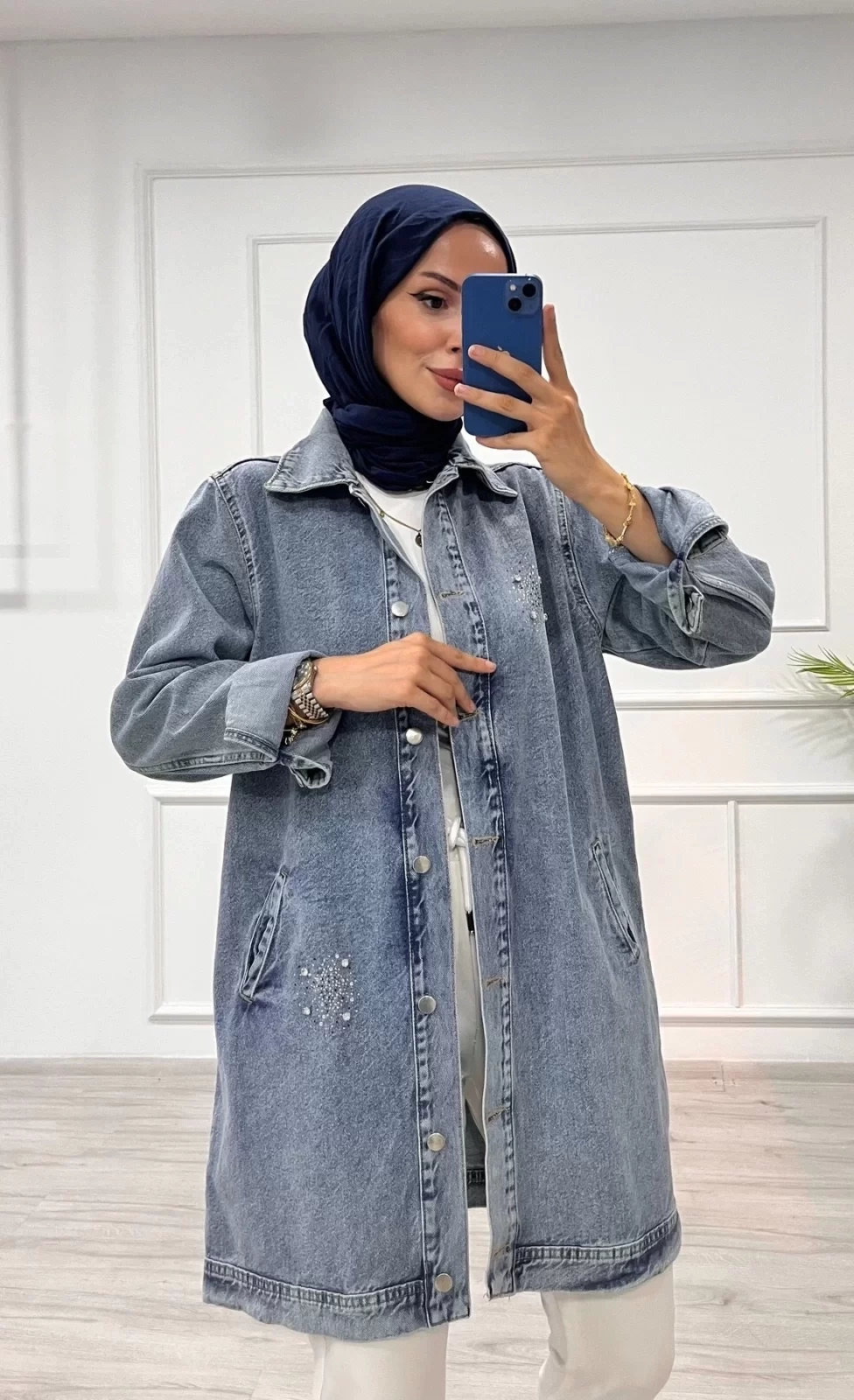 Taşlı tunik ceket kar yıkamalı mavi d2516