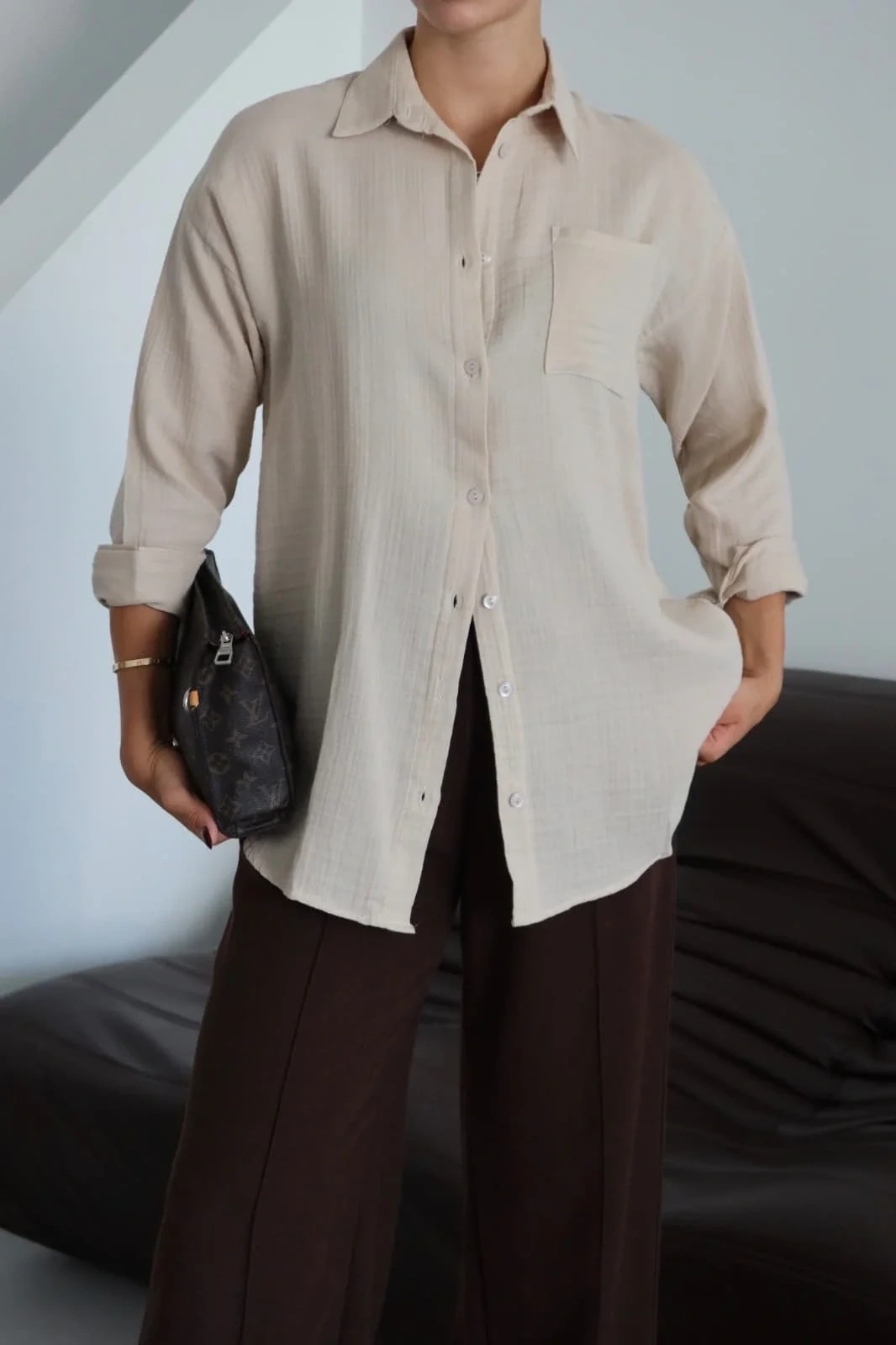 Tek cepli müslin gömlek bej pt