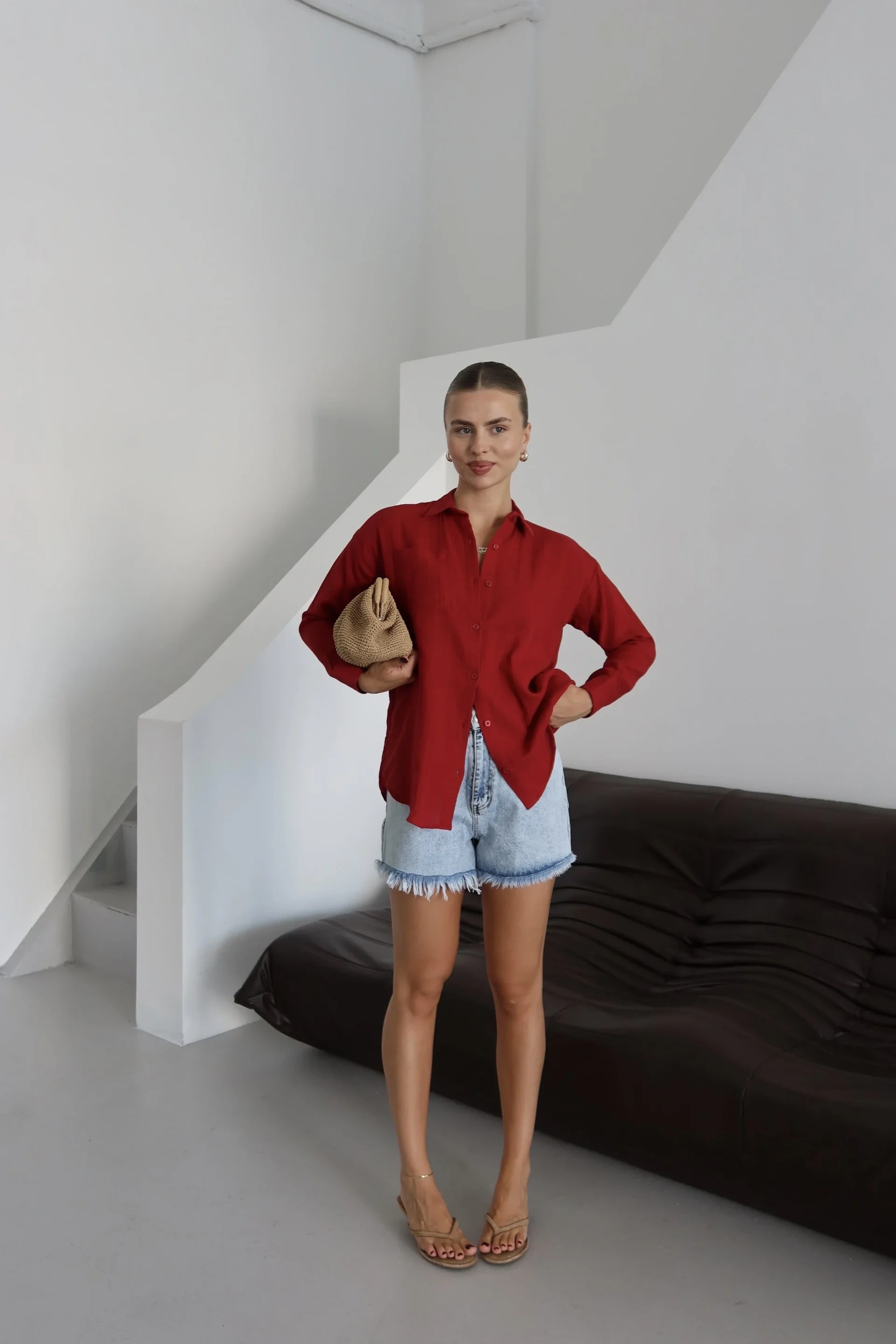 Tek cepli müslin gömlek bordo pt