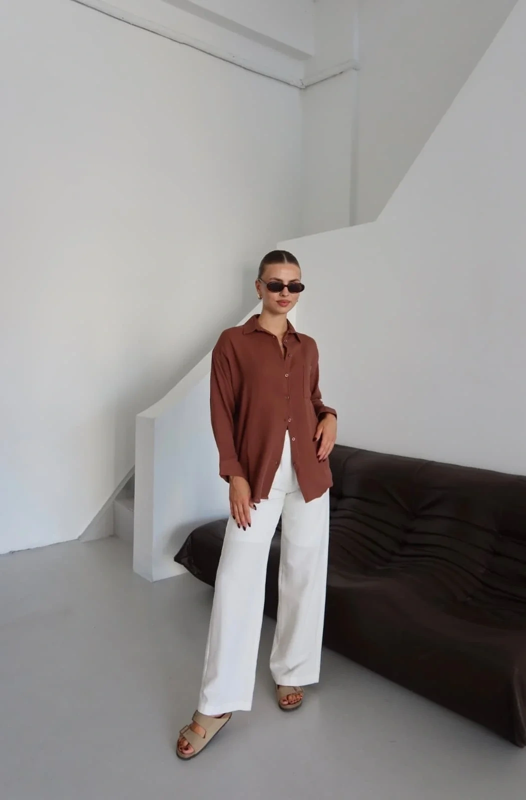 Tek cepli müslin gömlek kahve pt