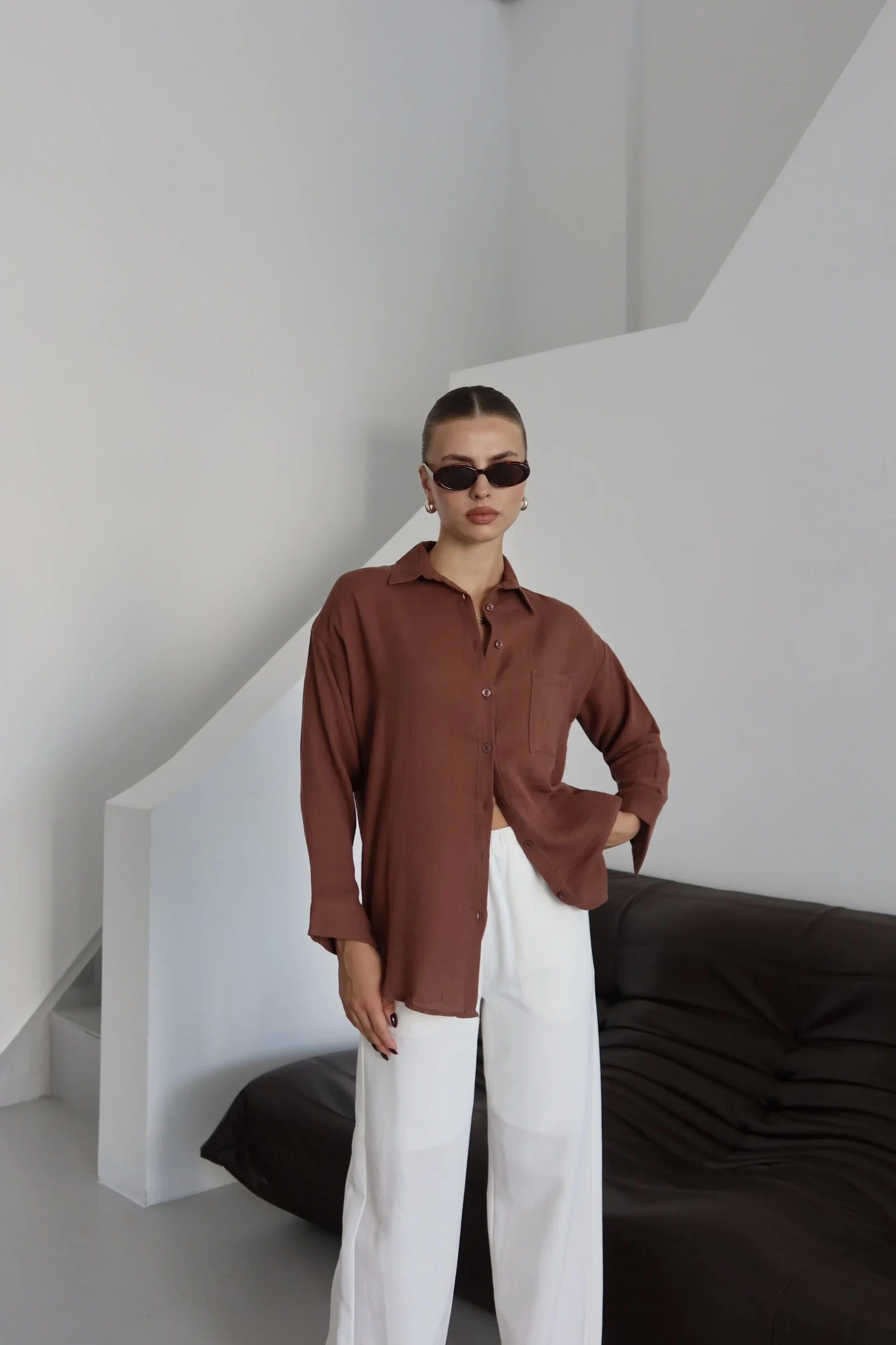 Tek cepli müslin gömlek kahve pt