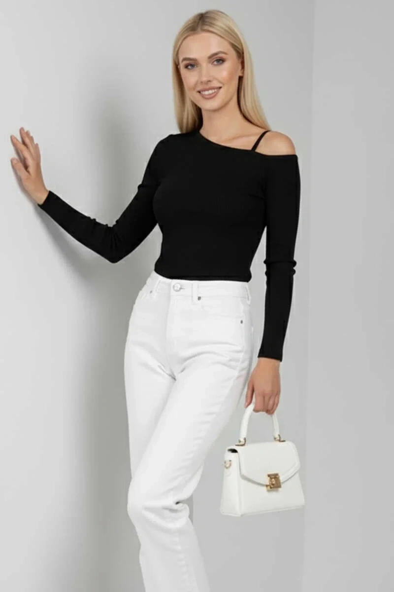 Tek Omuz İpli Bluz Siyah T4328