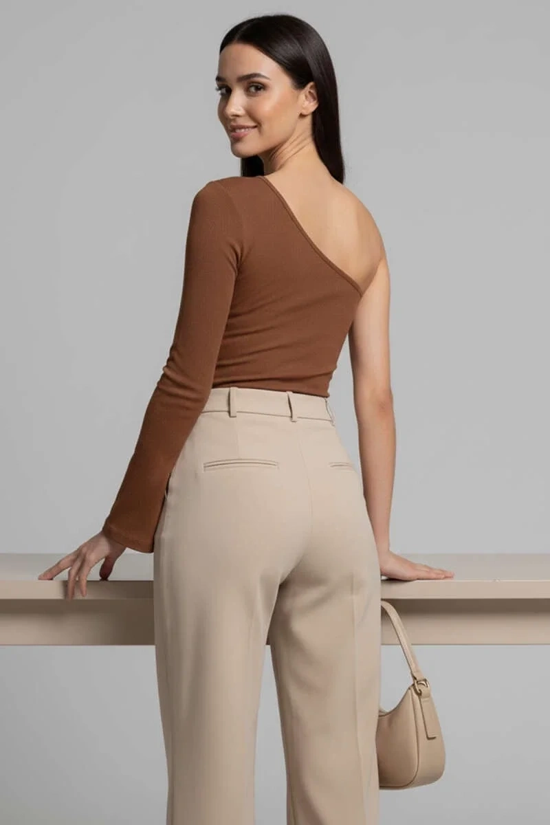 Tek Omuzlu Basic Bluz kahve T4275