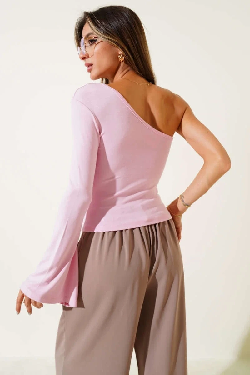 Tek Omuzlu Basic Bluz Pembe