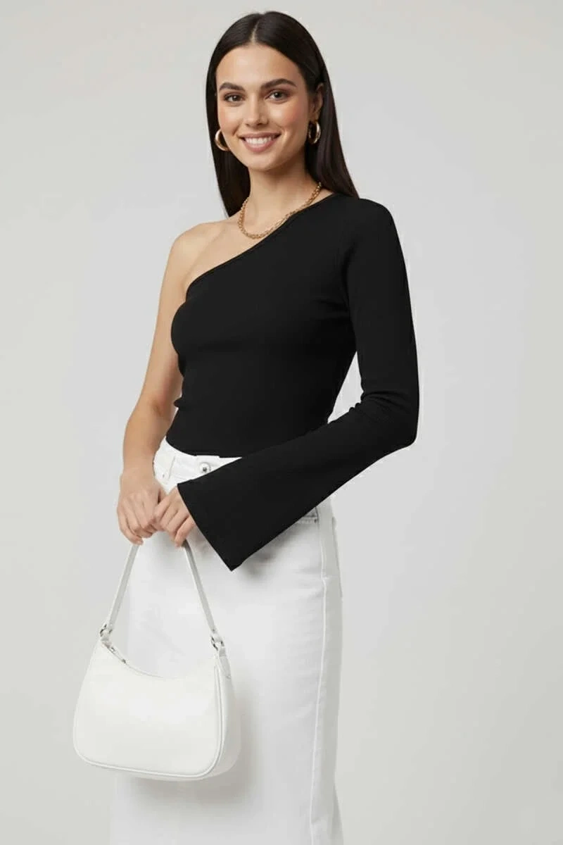 Tek Omuzlu Basic Bluz Siyah