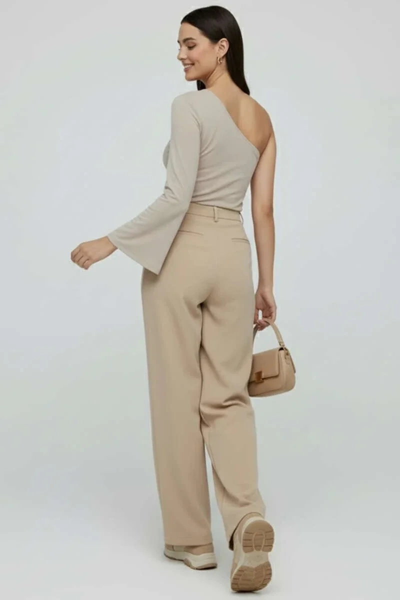 Tek Omuzlu Basic Bluz Vizon