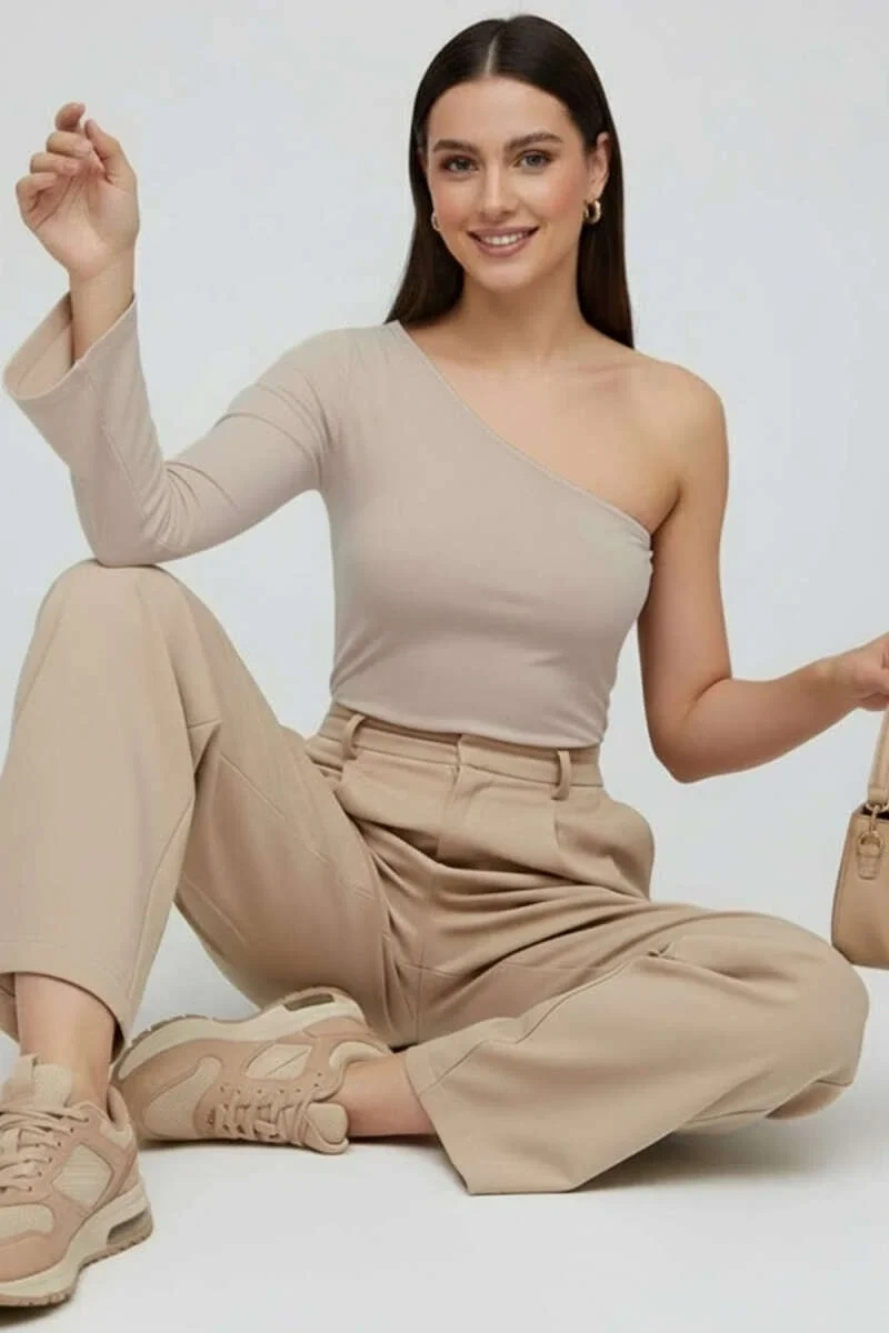 Tek Omuzlu Basic Bluz Vizon