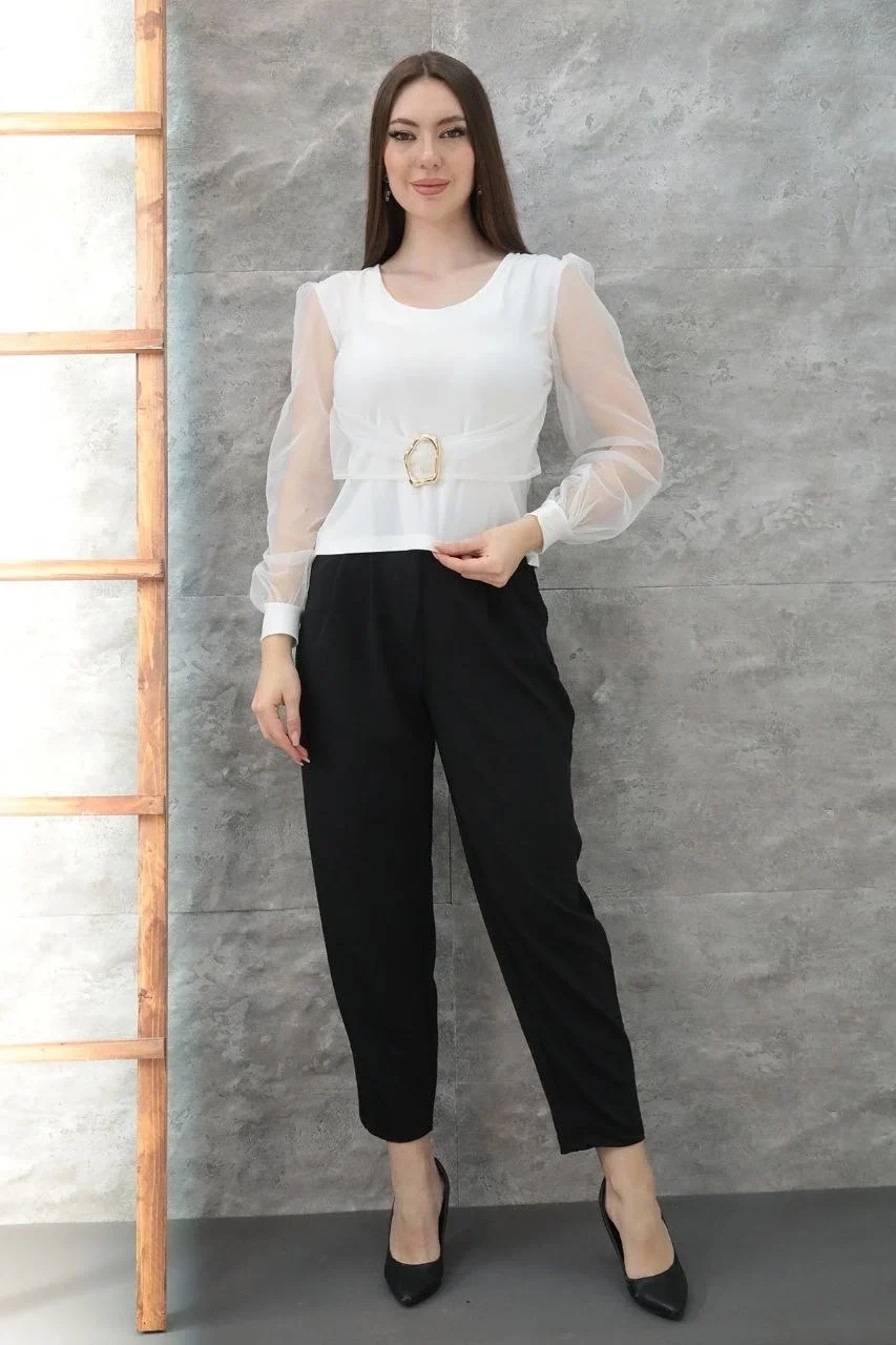 Tokalı tül kollu bluz beyaz