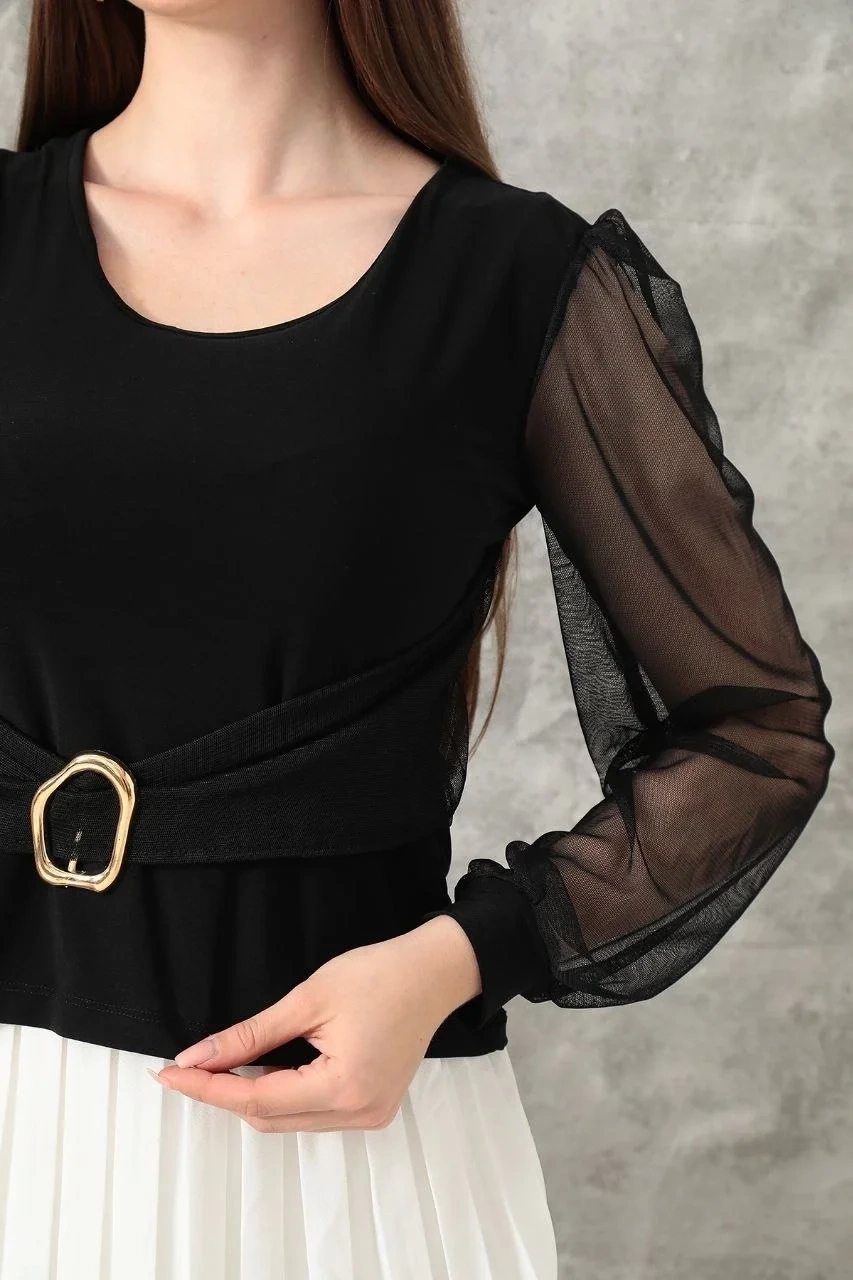 Tokalı tül kollu bluz siyah